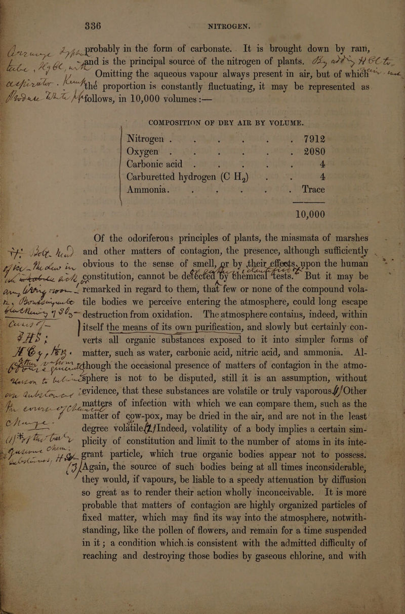 3 fe... ea. A jz, probably in the form of carbonate.. It is brought down by rain, - Be pond 1 is the principal source of the nitrogen of Plants. Th ad et Ly. : e BAe / Omitting the aqueous vapour always present in air, but of which -~&lt;. Pheficrwter . A “fing proportion 1 is constantly fluctuating, it may be represented as am th AW Meollows, i in 10,000 volumes :— COMPOSITION OF DRY AIR BY VOLUME. Nitrogen . : : : J of DLE Oxygen . ‘ , : . 2080 Carbonic acid. , 4 Carburetted a C H, ‘ 4 Ammonia. AD Ott Tie’ 10,000 : Of the odoriferous principles of plants, the miasmata of marshes Siren elt. y,() and other matters of contagion, the presence, although sufficiently ee Yee the ou» ix Obvious to the sense of smell, r by their effests,upon the human * ie OOo ach gonstitution, cannot be detéctéd by themical ests.“ But it may be ‘a a, Cert a remarked in regard to them, that few or none of the compound vola- a, Pee tile bodies we perceive entering the atmosphere, could long escape ——! 794%,~ destruction from oxidation. The atmosphere contains, indeed, within ai cate itself the means of its own purification, and slowly but certainly con- 8H; verts all organic substances exposed to it into simpler forms of HE s a7 ¥4. matter, such as water, carbonic acid, nitric acid, and ammonia. Al- a pation though the occasional presence of matters of contagion in the atmo- 4 Boe t “(el CSphere is not to be disputed, still it is an assumption, without ee, cevidence, that these substances are volatile or truly vaporous.f//Other matter s of infection with which we can compare them, such as the te of cow-pox, may be dried in the air, and are not in the least’ degree volatile Indeed, volatility of a body implies a certain sim- ed). yf Cw oe v plicity of constitution and limit to the number of atoms in its inte- 4 ‘Agape a w. grant particle, which true organic bodies appear not to ae i Se ae hs C4 cn ple ea / they aout if vapours, be liable to a speedy attenuation by. diffusion so great as to render their action wholly inconceivable. It is moré probable that matters of contagion are highly organized particles of fixed matter, which may find its way into the atmosphere, notwith- standing, like the pollen of flowers, and remain for a time suspended in it ; a condition which is consistent with the admitted difficulty of reaching and destroying those bodies by gaseous chlorine, and with