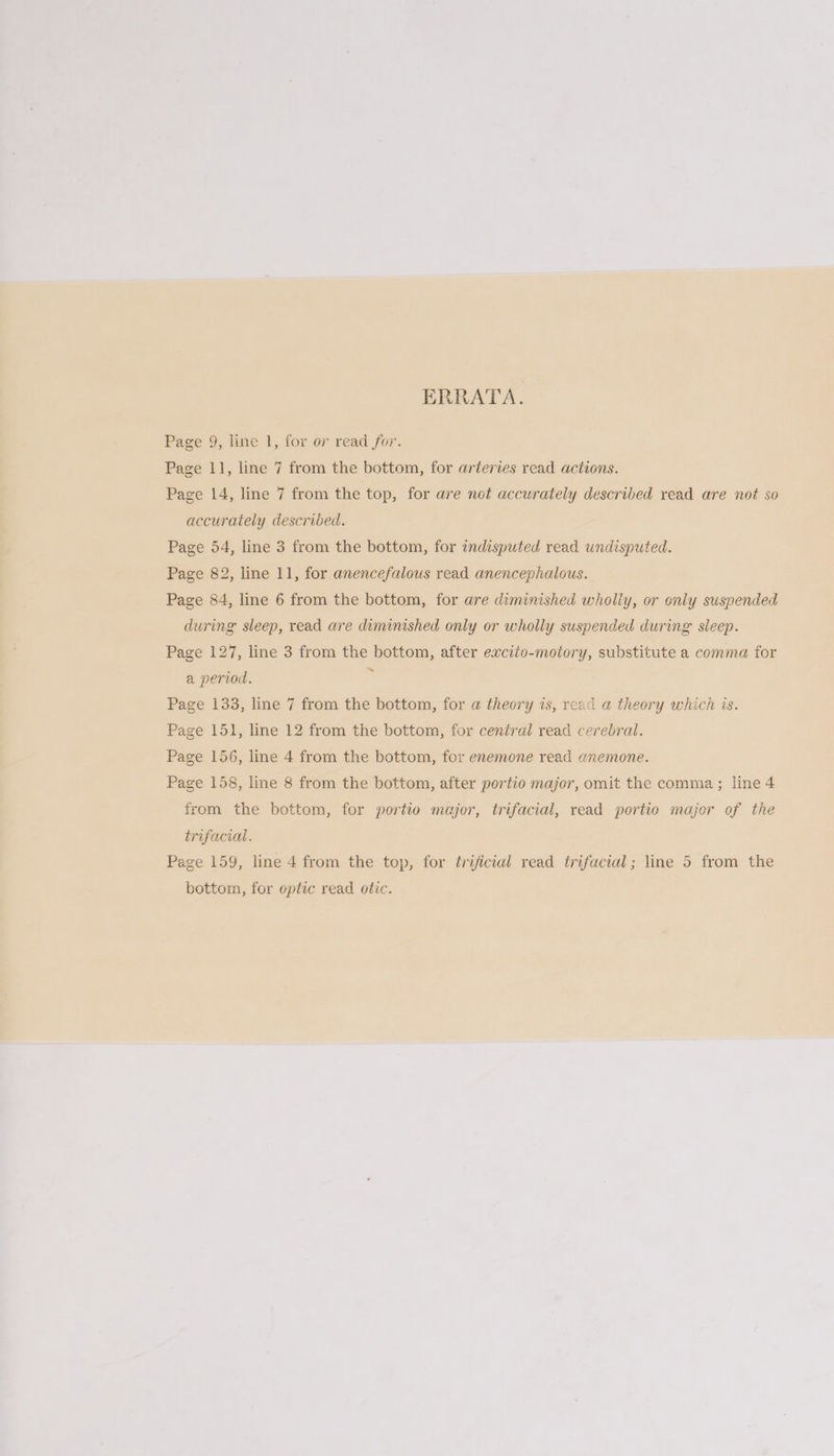 ERRATA. Page 9, line 1, for or read for. Page 11, line 7 from the bottom, for arteries read actions. Page 14, line 7 from the top, for are not accurately described read are not so accurately described. Page 54, line 3 from the bottom, for indisputed read undisputed. Page 82, line 11, for anencefalous read anencephalous. Page 84, line 6 from the bottom, for are diminished wholiy, or only suspended during sleep, read are diminished only or wholly suspended during sleep. Page 127, line 3 from the bottom, after excito-motory, substitute a comma for a period. F Page 133, line 7 from the bottom, for a theory is, read a theory which is. Page 151, line 12 from the bottom, for central read cerebral. Page 156, line 4 from the bottom, for enemone read anemone. Page 158, line 8 from the bottom, after portio major, omit the comma ; line 4 from the bottom, for portio major, trifacial, read portio major of the trifacial. Page 159, line 4 from the top, for trificial read trifacial; line 5 from the bottom, for optic read otic.