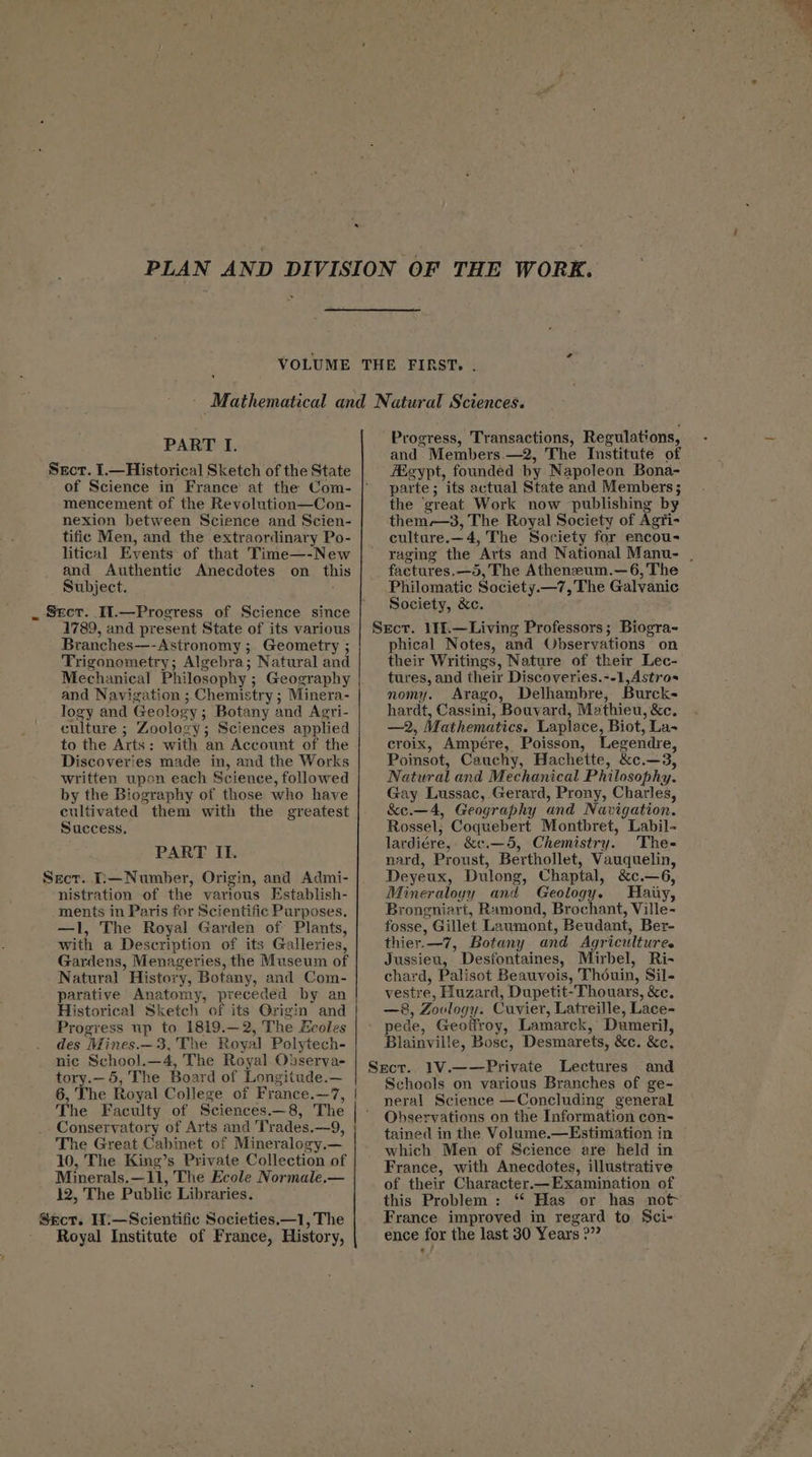 Secr. I.—Historical Sketch of the State of Science in France at the Com- mencement of the Revolution—Con- nexion between Science and Scien- tific Men, and the extraordinary Po- litical Events of that Time—-New and Authentic Anecdotes on this Subject. 1789, and present State of its various Branches—-Astronomy ; Geometry ; Trigonometry; Algebra; Natural and Mechanical Philosophy ; Geography and Navigation ; Chemistry ; Minera- logy and Geology; Botany and Agri- culture ; Zoolozy; Sciences applied to the Arts: with an Account of the Discoveries made in, and the Works written upon each Science, followed by the Biography of those who have cultivated them with the greatest Success, PART IL. Sect. I:—Number, Origin, and Admi- nistration of the various Establish- ments in Paris for Scientific Purposes. —Il, The Royal Garden of Plants, with a Description of its Galleries, Natural History, Botany, and Com- parative Anatomy, preceded by an Historical Sketch of its Grigin and Progress up to 1819.—2, The Ecoles des Mines.—3, The Royal Polytech- nic School.—4, The Royal. Observa- tory.— 5, The Board of Longitude.— 6, The Royal College of France.—7, The Faculty of Sciences.—8, The Conservatory of Arts and Trades.—9, The Great Cabinet of Mineralogy.— Minerals.—11, The Ecole Normale.— 12, The Public Libraries. Sect. I1:—Scientific Societies.—1, The Royal Institute of France, History, Progress, Transactions, Regulations, and Members.—2, The Institute of Egypt, founded by Napoleon Bona- parte; its actual State and Members; the ‘great Work now publishing by them-—3, The Royal Society of Agri- culture.—4, The Society for encou- factures,—5, The Atheneum.—6, The Philomatic Society.—7, The Galvanic Society, &c. phical Notes, and Observations on their Writings, Nature of their Lec- tures, and their Discoveries.--1,Astros nomy. Arago, Delhambre, Burck- hardt, Cassini, Bouvard, Mathieu, &c. —2, Mathematics. Laplace, Biot, La-~ croix, Ampére, Poisson, Legendre, Poinsot, Cauchy, Hachette, &c.—3, Natural and Mechanical Philosophy. Gay Lussac, Gerard, Prony, Charles, &ce.—4, Geography and Navigation. Rossel, Coquebert Montbret, Labil- lardiére,: &e.—5, Chemistry. 'The- nard, Proust, Berthollet, Vauquelin, Deyeux, Dulong, Chaptal, &c.—6, Mineraloyy and Geology. Haiiy, Broneniart, Ramond, Brochant, Ville- fosse, Gillet Laumont, Beudant, Ber- thier.—7, Botany and Agricultures Jussieu, Desfontaines, Mirbel, Ri- chard, Palisot Beauvois, Thouin, Sil- vestre, Huzard, Dupetit-Thouars, &c. —8, Zoology. Cuvier, Latreille, Lace- pede, Geotfroy, Lamarck, Dumeril, Blainville, Bosc, Desmarets, &c. &c. Schools on various Branches of ge- neral Science —Concluding general Observations on the Information con- tained in the Volume.—Estimation in which Men of Science are held in France, with Anecdotes, illustrative of their Character.—Examination of this Problem: “* Has or has not- France improved in regard to Sci- ence for the last 30 Years 2” ¢