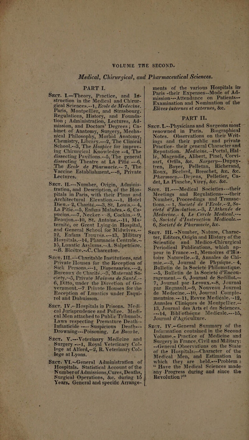 Scr. I.—Theory, Practice, and In- struction in the Medical and Chirur- Paris, Montpellier, and Strasbourg. Regulations, History, and Founda- tion ; Administration, Lectures, Ad- mission, and Doctors’ Degrees ; Ca- binet of Anatomy, Surgery, Mecha- nical Philosophy, Morbid Anatomy, Chemistry, Library.---2, The Clinical School.--3, The Hospice for improv- ing Chirurgical Knowledge --4, The dissecting Pavilions.--5, The general dissecting Theatre at La Pitié ---6, The Ecole de Pharmacie.--'7, The Vaccine Establishment.---8, Private Lectures; Secr. II.---Number, Origin, Adminis- tration, and Description, of the Hos- pitals in Paris, with their Plans and Architectural Elevation.---1, Hotel Dieu.--2, Charité.---3, St. Louis.---4, La Pitié.--5, Enfans Malades.--6, Ca- pucins.---7, Necker.---8, Cochin.---9, Beaujon.--10, St. Antome.--11, Ma- ternité, or Great Lying-in Hospital, and General School for Midwives.-- 12, Enfans Trouvés.---18, Military Hospitals.--14, Pharmacie Centrale. -- 15, Lunatic Asylums.--A. Salpetricre. --B. Bicétre.--C. Charenton. ‘ Secr. Iff.---Charitable Institutions, and Private Houses for the Reception of Sick Persons.---1, Dispensaries.---2, Bureaux de Charité.--3, Maternal So- ciety.--5, Private Maisons de Santé.-- 6, Ditto, under the Direction of Go- vernment.--7, Private Houses for the Reception of Lunatics under Esqui- rol and Dubuisson. x Sect. IV.--Hospitals in Prisons. Medi- cal Jurisprudence and Police. Medi- cal Men attached to Public Tribunals. Laws respecting Premature Death-- Infanticide ---- Suspicious Deuath--- Drowning---Poisoning. La Bourbe. Sect. V.---Veterinary Medicine and Surgery ---1, Royal Veterinary Col- lege at Alford,--2, R. Veterinary Col- lege at Lyons. aM Sect. VI.--General Administration of Hospitals. Statistical Account of tke Number of Admissions,Cures, Deaths, Paris--their Expenses--Mode of Ad- mission=--Attendance on Patients-- Examination and Nomination of the Eléves internes et externes, &c. PART IL. Sxcr. L.--Physicians and Surgeons most — ‘renowned in Paris. Biographical Notes. Observations on their Writ- ings and their public and private Practice- their general Character and 1é,. Magendie, Alibert, Pinel, Corvi- - sart, Orfila, &c. Surgery--Dupuy- tren, Boyer, Pelletan, Richerand, Roux, Beclard,. Breschet, &c. &c. Pharmacy.--Deyeus, Pelletier, Ca- det, La Planche, Virey, &c. &c. Sect. Il.----Medical Societies---their Meetings and Regulations----their Number, Proceedings and Transac- tions.---1, Societé de l’Ecole.--2, So- cieté @Emiulation.--3, L’Athenée de Medecine.- 4, Le Cercle Medical.--- 5, Societé d’Instruction Medicale.-- 6, Societé de Pharmacie, &c. Seer. II.--Number, Nature, Charac- ter, Editors, Origin and History of fhe Scientific and Medico-Chirurgical Periodical Publications,, which ap- pear in France.--1, Memoires d’His- toire Naturelle.--2, Annales de Chi- mie.---3, Journal de Physique.- 4, Bulletin de la Societé Philomatique:. --5, Bulletin de la Societé d’Encou- ragement.-- 6, Journal de Sedillot,-- 7; Joumal par-Leroux.--8, Journal par Regnault.--9, Nouveau Journal. de Medecine.--10, Journal Comple- . mentaire.---11, Revue Medicale. --12, Annales Cliniques de Montpellier.-- 13, Journal des Arts et des Sciences. . ---14, Bibliothéque Medicale.---14,. ‘Journal @Agriculiure. Sect. 1V.--General Summary of the Information contained in the Second Volume.- Practice of Medicine and Surgery in France, Civil and Military: of the Hospitals:--Character of the- Medical -Men,. and Estimation in which they are _ held.---Problem : any Progress during and since the: Revolution ?” D % ;