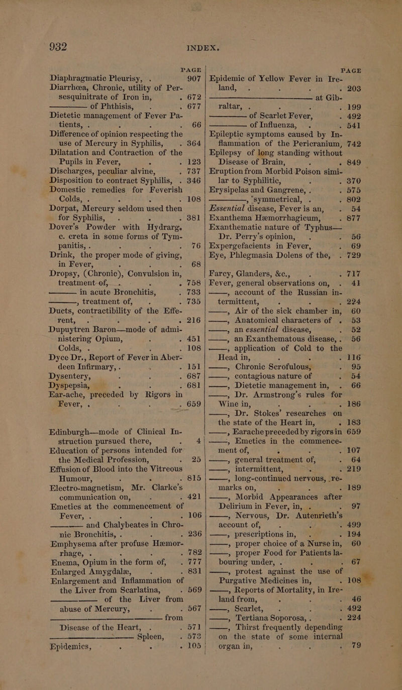 PAGE | PAGE Diaphragmatic Pleurisy, . 907 | Epidemic of Yellow Fever in Ire- Diarrhea, Chronic, utility of Per- land, ‘ . 203 sesquinitrate of Iron in, - 672 —— at Gib- of Phthisis, . 677 raltar, ‘ t . 199 Dietetic management of Fever Pa- of Scarlet Fever, - 492 tients, : . 66 of Influenza, . 541 Difference of opinion respecting the Epileptic symptoms caused by In- use of Mercury in Syphilis, . 364 flammation of the Pericranium, 742 Dilatation and Contraction of the Epilepsy of long standing without Pupils in Fever, 4 . 123 Disease of Brain, « 849 Discharges, peculiar alvine, . 737 | Eruption from Morbid Poison simi- Disposition to contract Syphilis, . 346 lar to Syphilitic, 370 Domestic remedies for Feverish Erysipelas and Gangrene, . 575 Colds, . 108 | —————, ‘symmetrical, . 802 Dorpat, Mercury seldom used then Essential disease, Fever is an, 54 for Syphilis, . . 381 | Exanthema Hemorrhagicum, 877 Dover’s Powder with Hy drarg, Exanthematie nature of Typhus— c. creta in some forms of Ene Dr. Perry’s opinion, 56 panitis, . 76 | Expergefacients in Fever, 69 Drink, the proper mode of giving, Eye, Phlegmasia Dolens of the, 729 in Fever, 68 Dropsy, (Chronic), Convulsion i in, Farcy, Glanders, &amp;c., : 717 treatment-of, _. . 758 | Fever, general observations on, 4} in acute Bronchitis, 733 , account of the Russian in- , treatment of, . 735 termittent, ; . 224 Ducts, contractibility of the Effe- , Air of the sick chamber in, 60 Fent,.. . 216 | —, ; Anatomical characters of . 53 Dupuytren area Simbde Gr admi- ——, anessential disease, . 52 nistering Opium, ‘ . 451 | ——, an Exanthematous disease,. 56 Colds, . 108 : application of Cold to the Dyce Dr., Report of Fever i in Aber- Head in, : : 116 deen Infirmary, . ? 151 ; Chronic Scrofulous, SOS Dysentery, 687 | ——., contagious nature of 2) 54 Dyspepsia, . 681 | ——, Dietetic management in, ~~ 66 Ear-ache, preceded by Rigors in , Dr. Armstrong’s rules for Fever, . 659 Wine in, A 186 Dr. Stokes’ researches on the state of the Heart in, - 183 Edinburgh—mode of Clinical In- 2 » Earache preceded by rigorsin 659 struction pursued there, et fee , Emetics in the commence- Education of persons intended for. ment of, 107 the Medical Profession, 25 » general treatment of, 64 Effusion of Blood into the Vitreous , intermittent, . .219 Humour, 815 , long-continted nervous, _re- Plectrbonagaenant Mr. Wians's Marks on, 189 communication on, : . 421 , Morbid Appearances after Emetics at the commencement of Delirium i in Fever, in, 97 Fever, . . 106 » Nervous, Dr. Ateeipiothi's s —— and Chalybeates i in Chro- account of, . 499 nic Bronchitis, . . 236 | ——, prescriptions in, 194 Emphysema after profuse ‘Hemor- ——., proper choice of a Nurse i in 60 rhage, . . 782 » proper Food for Patients la- Enema, Opium in the form Of, eee bouring under, . ; 67 Enlarged Amygdale, -7831 » protest against the use of Enlargement and Inflammation of Purgative Medicines in, : 108 the Liver from Scarlatina, . 569 » Reports of ordagat in Ire- of the Liver from land from, . 46 abuse of Mercury, . 567 | ——-,. Scarlet, ; 492 Pe id from ——, Tertiana Soporosa, . . 224 Disease of the Heart, weed Lo , Thirst frequently depending - Spleen, . 572 on the state of some internal Epidemics, : s A bE) | organ in, : * 719