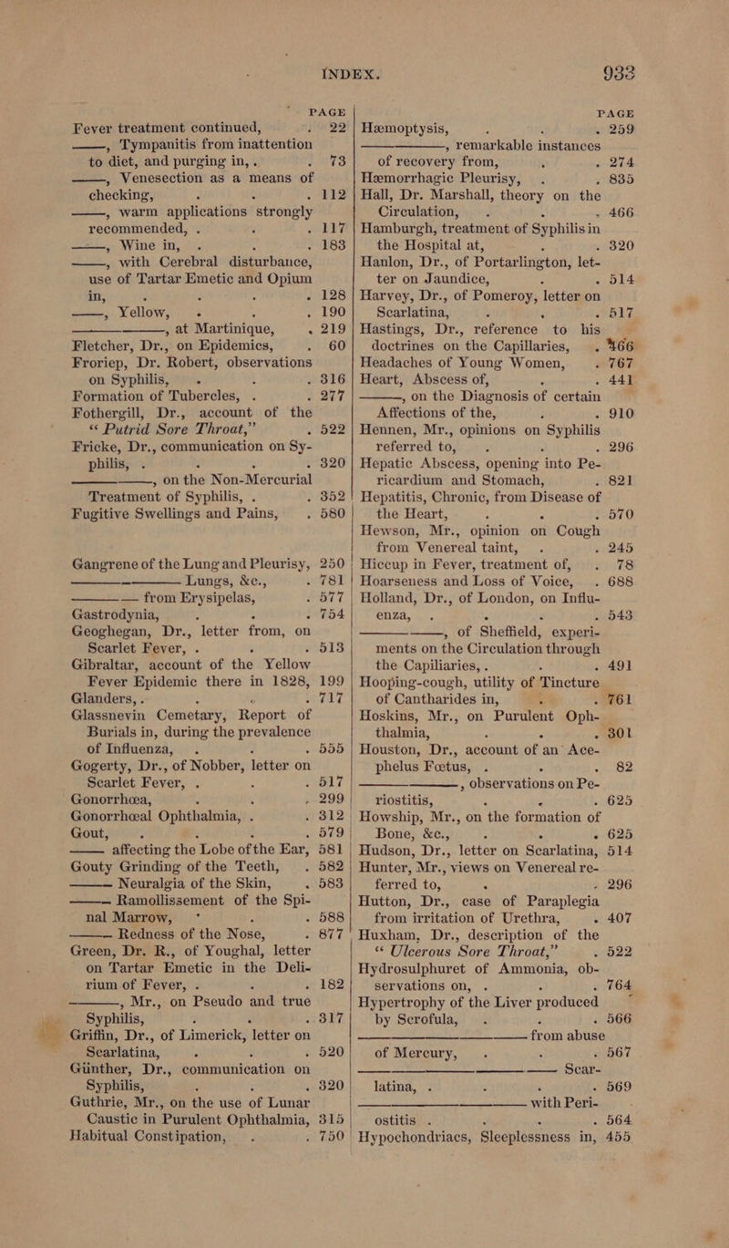 PAGE PAGE Fever treatment continued, 22 | Hemoptysis, . 259 , Tympanitis from inattention , remarkable instances to diet, and purging in,. PATS of recovery from, é 4-244 , Venesection as a means of Hemorrhagic Pleurisy, . 835 checking, : : , warm applications strongly Seeley aa , Wine in, , with Cerebral didtarbance: use of Tartar Emetic and Opium in, F : : é , Yellow, ° ; . , at Martinique, . Fletcher, Dr., on Epidemics, Froriep, Dr. Robert, observations on Syphilis, : Formation of Tubercles, Fothergill, Dr., account of the ‘« Putrid Sore Throat,” * Fricke, Dr., communication on Sy- philis, , on the Non-Mercurial Treatment of Syphilis, Fugitive Swellings and Pains, Gangrene of the Lung and Pleurisy, Lungs, &amp;c., — from Erysipelas, Gastrodynia, ; ° : Geoghegan, Dr., letter from, on Scarlet Fever, . ; Gibraltar, account of the Yellow Fever Epidemic there in 1828, Glanders, . Glassnevin Cemetary, Report of Burials in, during the Ses of Influenza, Gogerty, Dr., of ee latter on Scarlet Fever: : Gonorrhea, F ; Gonorrheal Ophthalmia, . Gout, - ; affecting the Lobe ofthe Ear, Gouty Grinding of the Teeth, — Neuralgia of the Skin, : Ramollissement of the Spi- nal Marrow, Redness of the Nose, Green, Dr. R., of Youghal, letter on Tartar Emetic in the Deli- rium of Fever, , Mr., on Pseudo and truié Syphilis, : _ Griffin, Dr., of Limerick, ‘letter on Scarlatina, Gunther, Dr., GovashivintéatiGn on Syphilis, Guthrie, Mr., on the use of Tete Caustic in Purulent Ophthalmia, Habitual Constipation, 128 190 219 60 . 277 522 250 754 199 555 581 583 182 ane 520 . 320 315 Hall, Dr. Marshall, theory on the Circulation, Hamburgh, treatment of Syphilis: in the Hospital at, ; Hanlon, Dr., of Portarlington, let- ter on Jaundice, ; _ Harvey, Dr., of Pomeroy, letter on Scarlatina, ; : f Hastings, Dr., reference to his - 466 320 doctrines on the Capillaries, . 466 Headaches of Young Women, . 767 Heart, Abscess of, . 44] , on the Diagnosis of certain Afféctions of the, Hennen, Mr., opinions on Syphilis referred to, . 296 Hepatic Abscess, opening Ge Pe- ricardium and Stomach, . 821 Hepatitis, Chronic, from Disease of the Heart, ‘ . Hewson, Mr., opinion on Cough 910 570 from Venereal taint, «2245 | Hiccup in Fever, treatment of, 78 Hoarseness and Loss of Voice, . 688 Holland, Dr., of London, on Influ- enza, . 543 , of Sheffield, experi- ments on the Circulation through the Capiliaries, . . 491 Hooping-cough, utility of mincture of Cantharides 3 in, . . 761 Hoskins, Mr., on Purulent Oph- thalmia, 3 « . 301 Houston, Dr., account of an’ Ace- phelus Fotus, : ° 82 , observations on Pe- riostitis, - 625 Howship, Mr., on the formation of Bone, &amp;c., : ‘ « 625 Hudson, Dr., letter on Scarlatina, Hunter, Mr., views on Venereal re- ferred 40,: . Hutton, Dr., case of acanlenin from irritation of Urethra, * Huxham, Dr., description of the “ Ulcerous Sore Throat,” Hydrosulphuret of Ammonia, ob- servations on, Hypertrophy of the Liver produced by Scrofula, . 566 Hae REDE SAL ed x Se from ahi of Mercury,  . 567 SESE le Eee latina, ‘ - 569 i with Peri- ostitis . . - 564 _ Hypochondriacs, Sleeplessness in, 455