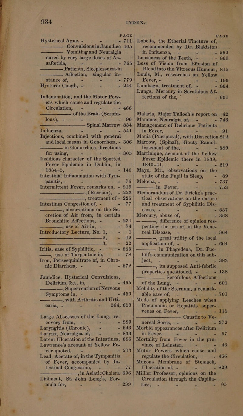 PAGE| . RAGE Hysterical Ague, - e - 711 | Lobelia, the Etherial Tincture of, Convulsions in Jaundice 465 Vomiting and Neuralgia cured by very large doses of As- safcetida, - - - 765 — Patients, Sleeplessness in Affection, singular in- Inflammation, and the Motor Pow- ers which cause and regulate the ” ~ Circulation, - - 466 lous), - - - 96 Injections, combined with general — in Gonorrhea, directions for using, - 305 Insidious siaaoter of ai Spotted Fever Epidemic in Dublin, in 1834-5, i - 146 Intestinal Inflammation with Tym- panitis, - - - 76 Intermittent Fever; remarks on, - 219 , (Russian), - 223 , treatment of - 225 Intestines Congestion of, - - @7 —., observations on the Se- cretion of Air from, in certain Bronchitic Affections, - - 231 —, use of Airin, - - 74 Introductory Lecture, No. is “ie! ' Qi geet 12 i 3, ag 22 Tritis, case of Syphilitic, - - 665 , use of Turpentine in, - 78 Iron, Persesquinitrate of, in Chro- nic Diarrhea, - - - 672 Jaundice, Hysterical Convulsions, Delirium, &amp;c., in, - - 465 —, Superv ention of Nervous Smptoms in, - - 459 —— as with Arthritis aha Urti- caria, - - - 564, 653 Large Abscesses of the Lung, re- covery from, - . - 889 Laryngitis (Chronic), - - 643 Larynx, Neuralgia of, - - 833 Latent Ulceration of the Intestines, 686 Lawrence’s account of Yellow Fe- ver quoted, - - - 213 Lead, Acetate of, in the Tympanitis of Fever, accompanied by In- testinal Congestion, = - milaeredods —— ——-—.,, in AsiaticCholera 696 Liniment, St, John Long’s, For- mula for, - - - 239 - recommended by Dr. Blakiston in Influenza, - - - 562 Looseness of the Teeth, - -'860 Loss of Vision from Effusion of Blood into the Vitreous Humour, 815 Louis, M., researches on Yellow. _ Fever, - - - - 199 Lumbago, treatment of, - - 864 fections of the, “ =” ey - 601 Malaria, Major Tulloch’s report on 42 Management of Delirious Patients in Fever, - - 91 Mania (Puerpural) » with Dissatien 812 Marrow, (Spinal), Gouty Ramol- lissement of the,  - 589 Martinique, account of the Yellow Fever Epidemic there in 1839, — 1840-41, a x - 219 Mayo, Mr., observations on the state of the Pupil in Sleep, - 89 Melcena, - - - 737 in Fever, - - 753 Memorandum of Dr. Fricke’s prac- tical observations on the nature and treatment of Syphilitic Dis- eases, - - - - 337 Mercury, abuse of, - 368 —, difference of opinion res- pecting the use of, in the Vene- real Disease, - - 364 —, great utility of ae ieee application of, - - 664 in Phagedena, Dr. Tuo- hill’s communication on this sub- g6Ct.&lt; «&lt;&lt; - 383 —, its Ropu Anti-febrile properties questioned, - 138 —— Scrofulous A factions of the Lung, - - - 601 Mobility of the Sternum, a remark- able case of, - . - 701 Mode of applying Leeches when _ Pneumonia or Hepatitis super- venes on Fever, - - 115 Caustic to Ve- nereal Sores, - » Me B72 Morbid appearances after Delirium in Fever, ‘ fs - 97 Mortality from Fever in the pro- Motor Powers which cause and regulate the Circulation, . 466 Mucous Membrane of Stomach, Ulceration of, - - - 829 Muller Professor, opinions on the Circulation thr ough the Capilla- ries, - - 8)