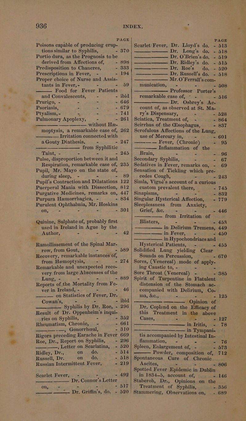 le PAGE PAGE Poisons capable of producing erup- Scarlet Fever, Dr. Lloyd’s do. - 513 tions similar to Syphilis, - 370 Dr. Long’s do. - 518 Portio dura, as the Prognosis to be cos A Mane Dr. O’Brien’s do. - 519 derived from Affections of, - 898 | ____-—_____. Dr. Ridley’s do. - 515 Predisposition to Chancres, yesh gyn 2 canes Dr. Roe’s’ do. - 520 Prescriptions in Fever, - 4) Ro Dr. Russell’s do. - 518. Proper choice of Nurse and Assis- Mr.O’Ferrall’s com- tants in Fever, - - - 59 munication, x ei - 508 Food for Fever Patients Professor Porter’s and Convalescents, - - ibid remarkable case of, ~ - - 516 Prurigo, - - - - 646 Dr. Osbrey’s Ac- . Psoriasis, - - - 679 count of, as observed at St. Ma- Ptyalism, - 2 nage ry’s Dispensary, és - 528 Pulmonary Mrontosy. - - 261 | Sciatica, Treatment of, - - 864 pe Eo RWI EOUE, Eee Scirrhus of the Gisophagus, - 837 moptysis, a remarkable case of, 262 | Scrofulous Affections of the Lung, — Irritation connected with use of Mercury in, - - 601 a Gouty Diathesis, - - 247 —— Fever, (Chronic) - 95 bee from Syphiliti Inflammation of the Taint, - - - 245 Brain, a . 96 Pulse, disproportion hove it and Secondary Syphilis, s seeilias Respiration, remarkable case of, 235 | Sedatives in Fever, remarks on, - 69 Pupil, Mr. Mayo on the state of, Sensation of Tickling which pre- during sleep, - - - 89 cedes Cough, 3 = 243 Pupil’s Contraction and Dilatations 122 | Simla, Vigné’s account of a curious Puerperal Mania with Dissection, 812 custom prevalent there, a W745 Purgative Medicines, remarks on, 447 | Sinapisms, : - 832 Purpura Hemorrhagica, - - 834 | Singular Hysterical Affection; - 779 Purulent Ophthalmia, Mr, pellets Sleeplessness from Anxiety, on, = - - - 301 Grief, &amp;c. - - - 446 = from Irritation of Quinine, Sulphate of, probably first Blisters, - = - 453 used in Ireland in Ague by the in Delirium Tremens, 449 Author, - - - 42 —— in Fever, - - 450 Bay in Hypochondriacs and Ramollissement of the Spinal Mar- Hysterical Patients, - - 455 row, from Gout, - - 589 | Solidified Lung yielding Clear Recovery, remarkable instances of, Sounds on Percussion, - 670 from Hemoptysis, - - 274 Sores, (Venereal) mode of adnly. Remarkable and unexpected reco- ing Caustic to, - 3 very from large Abscesses of the Sore Throat (Venereal) - - 385 Lung, - - 889 | Spirit of Turpentine in Plahuleat Reports of the Maceality raya Fa distension of the Stomach ac- ver in Ireland, - - - 46 companied with Delirium, Co- — on Statistics of Fever, Dr. ma, &amp;c., 3 ¥ J 1D5 Cowan’s, - ibid ——-—— Opinion of © ns Soabiie by Dr. Roe, - 296 Dr. Copland on the Efficacy of Result of Dr. Oppenheim’s inqui- this Treatment in the above ries on Syphilis, - - 352 Cases, 53 - 127 Rheumatism, Chronic, - - 661 -in Iritis, - 78 ——-—, Gonorrheeal, - 310} — Lh TD Tympani Rigors preceding Earache in Fever 669 tis accompanied by Intestinal In- Roe, Dr., Report on Syphilis, - 296 flammation, - “ on 3B , Letter on Searlatina, - 520] Spleen, Enlargement of, - - 5738 Ridley, Dr., on do. - 514 Powder, composition of, Russell, Dr. on do. - 518} Spontaneous Cure of Chronic Russian Intermittent Fever, - 219 Ascites, ta - 806 Spotted Fever Epidemio.ir in Dublin Scarlet Fever, - ~ - 492 in 1834—5, account of, - 146 Dr. Connor’s Letter Staberoh, Dr., Opinions on the Olay eas 3 * - 517 Treatment of Syphilis, - 356 ——— Dr. Griffin's, do. - 520! Stammering, Observations on, - 689 712.
