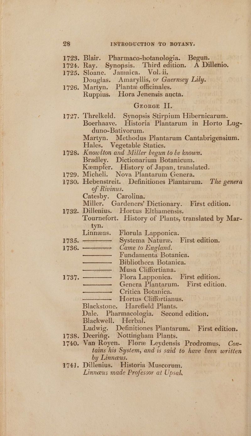 1723. 1724. 1725. 1726. 1727. 1728. 1729. 1 730. 1732. 1736. 1737. 1740. 174]. Blair. Pharmaco-botanologia. Begun. Ray. Synopsis. Third edition. A Dillenio. Sloane. Jamaica. Vol. ii. Douglas. Amaryllis, or Guernsey Lily. Martyn. Plantz officinales. Ruppius. Hora Jenensis aucta. - Geroree II. Threlkeld. Synopsis Stirpium Hibernicarum. Boerhaave. Historia Plantarum in Horto Lug- duno-Bativorum. Martyn. Methodus Plantarum Cantabrigensium. Hales. Vegetable Statics. Knowlton and Miller begun to be known. Bradley. Dictionarium Botanicum. Kempter. History of Japan, translated. Micheli. Nova Plantarum Genera. Hebenstreit. Definitiones Plantarum. The genera of Rivinus. Catesby. Carolina. Miller. Gardeners’ Dictionary. First edition. Dillenius. Hortus Elthamensis. Tournefort. History of Plants, translated by Mar- tyn. Lis cus. Florula Lapponica. ———— Systema Nature. First edition. Came to England. | Fundamenta Botanica. Bibliotheca Botanica. | Musa Cliffortiana. Flora Lapponica. First edition. Genera Plantarum. First edition. Critica Botanica. ———— Hortus Cliffortianus. Blackstone. Harefield Plants. Dale. Pharmacologia. Second edition. Blackwell. Herbal. Ludwig. Definitiones Plantarum. First edition. Deering. Nottingham Plants. Van Royen. Flore Leydensis Prodromus. Con- tains his System, and is said to have been written by Linneus. Dillenius. Historia Muscorum. Linneeus made Professor at Upsalk.
