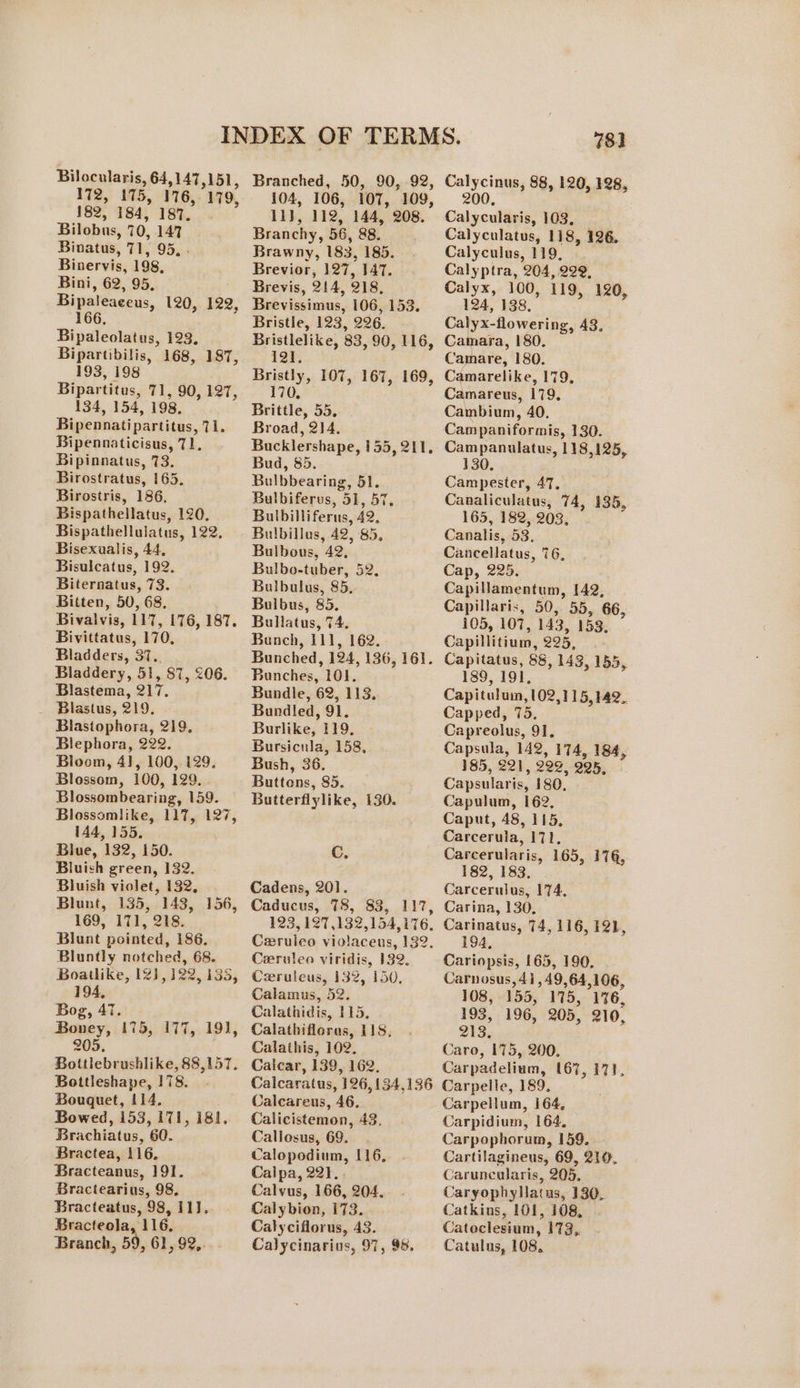 Bilocularis, 64,147,151, 172, 175, 176, 179 182, 184, 187. Bilobus, 70, 147 Binatus, 71, 95. . Binervis, 198, Bini, 62, 95, Bipaleaeeus, 120, 122, 166. 3 Bipaleolatus, 123. Bipartibilis, 168, 187, 193, 198 Bipartitus, 71, 90, 197, 134, 154, 198. Bipennatipartitus, 71. Bipennaticisus, 71, Bipinnatus, 73. Birostratus, 165, Birostris, 186, Bispathellatus, 120. Bispathellulatus, 122. Bisexualis, 44, Bisulcatus, 192. Biternatus, 73. Bitten, 50, 68. Bivaivis, 117, 176, 187. Bivittatus, 170, Bladders, 37.. Bladdery, 51, 87, 206. Blastema, 217. _ Blastus, 219. Blastophora, 219, Blephora, 222. Bloom, 41, 100, i29. Blossom, 100, 129. Blossombearing, 159. Blossomlike, 117, 127, 144, 155. Blue, 132, 150. Bluish green, 132, Bluish violet, 132, Blunt, 135, 143, 156, 169, 171, 218. Blunt pointed, 186. Bluntly notched, 68. Boatlike, 12), 122, i353, 194, Bog, 47. Boney, 175, 177, 191, 205. Bottlebrushlike, 88,157. Bottleshape, 178. Bouquet, 114, Bowed, 153, 171, 181, Brachiatus, 60. Bractea, 116, Bracteanus, 191. Bractearius, 98, Bracteatus, 98, 11]. Bracteola, 116, Branch, 59, 61,92, Branched, 50, 90, 92, 104, 106, 107, 109, 11}, 112, 144, 208. Branchy, 56, 88. Brawny, 183, 185. Brevior, 127, 147. Brevis, 214, 218, Brevissimus, 106, 153. Bristie, 123, 226. Bristlelike, 83, 90, 116, 12]. Bristly, 107, 167, 169, 170, Brittle, 55. Broad, 214. Bucklershape, 155, 211. Bud, 85. Bulbbearing, 51. Bulbiferus, 51, 57, Bulbilliferus, 42, Bulbillus, 42, 85, Bulbous, 42, Bulbo-tuber, 52, Bulbulus, 85. Bulbus, 85. Bullatus, 74. Bunch, 111, 162. Bunched, 124, 136, 161. Bunches, 101. Bundle, 62, 113. Bundled, 91. Burlike, 119. Bursicula, 158, Bush, 36. Buttens, 85. Butterfiylike, 130. Cc. Cadens, 201. Caducus, 78, 83, 117, 123, 127,132,154,176,. Ceruleo violaceus, 132. Ceruleo viridis, 132, Czeruleus, 132, 150, Calamus, 52. Calathidis, 115, Calathifloras, 118, Calathis, 102. Caicar, 139, 162. Caicaratus, 126,134,136 Calcareus, 46, Calicistemon, 43, Caliosus, 69. Calopodium, 116, Caipa, 22]. . Calvus, 166, 204. Calybion, 173. Calyciflorus, 43. Calycinarius, 97, 98. 781 Calycinus, 88, 120, 128, 200. Calycularis, 163, Calyculatus, 118, 126. Calyculus, 119, Calyptra, 204, 2292, Calyx, 100, 119, 120, 124, 138. a ae nee A3. Camara, 180. Camare, 180. Camarelike, 179, Camareus, 179. Cambium, 40. Cam paniformis, 130. Campanulatus, 118,125, 130. Campester, 47, Canaliculatus, 74, 135, 165, 182, 203, Canalis, 53, Cancellatus, 76, Cap, 225. Capillamentum, 142, Capillaris, 50, 55, 66, 105, 107, 143, 153, Capillitium, 225, .- Capitatus, 88, 143, 155, 189, 191, Capitulum, 102,115,142. Capped, 75. Capreolus, 91, Capsula, 142, 174, 184, 185, 221, 229. 995, Capsularis, 180, Capulum, 162, Caput, 48, 115. Carceruia, 171, Carcerularis, 165, 176, 182, 183, Carcerulus, 174, Carina, 130. Carinatus, 74, 116, IQL, 194, . Cariopsis, 165, 190. Carnosus,41,49,64,106, 108, 155, 175, 176, 193, 196, 205, 210, 213. Caro, 175, 200. Carpadelium, 167, 171, Carpelle, 189, Carpellum, i64, Carpidium, 164, Carpophorum, 159. Cartilagineus, 69, 210, Caruncularis, 205, Caryophylatus, 130, Catkins, 101, 108, Catoclesium, 173, Catulus, 108.