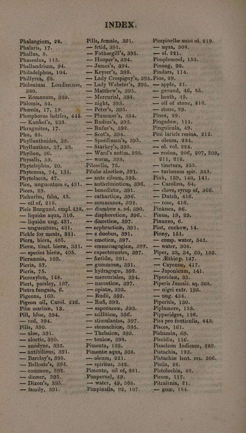 Phalangium, 22. Phalaris, 17. Phallus, 5. Phaseolus, 115. Phellandrium, 94. Philadelphus, 104. Phillyrea, 68. Philonium Londinense, 380. vandals — Romanum, 380. Phlomis, 54. = Phoenix, 17, 19. in — Kunkel’s, 239. Phragmites, 17. Phu, 85. Phyllanthoides, 38. Phyllanthus, 37, 38. Phyllon, 36. Physalis, 59. Phytelephas, 20. Phyteuma, 74, 131. Phytolacca, 47. Pice, unguentum e, 431. Picea, 29. Pichurim, faba, 43. — oil of, 218. INDEX. Pills, female, 391. — fetid, 391. — Fothergill’s, 395. — Hooper’s, 394. — James's, 394. — Keyser’s, 398. Pimpinelle anisi ol. — aqua, 308. — ol. 221. f Pimplemool, 153. Pinang, 20. Pindars, 114. 219. _-— Matthew’s, 395. — Mercurial, 394. — night, 393. — Peter’s, 395. — Plummer’s, 394. — Rudius’s, 392. —~ Rufus’s, 392. . — Scot's, 394. — Speediman’s, 395. — Starkey’s, 395. — Ward’s antim, 395. i Pilule aloetiee, 8913 — ante cibum, 395. — anthelmintica, 396. — benedictew, 391. — cathartice, 396. — communes, 892. — liquide aqua, 310. — liquide ung. 431. — unguentum, 431, Pickle for meats, 321. Picra, hiera, 405. Picre, tinct. hiere, 331. — species hierz, 405. Picramnia, 109. Picria, 57. Picris, 75. , Picroxylon, 148. Piert, parsley, 107. Pietra fungaia, 6. Pigeons, 160. Pigeon oil, Carol. 226. Pile marine, 13. Pill, blue, 394. — red, 394. Pills, 390. — aloe, 391. — aloetic, 390. — anodyne, 393. — antibilious, 391. — Barclay’s, 395. — common, 392. — dinner, 395.. — Dixon’s, 395. — family, 391. — diaphoretice, 396. ~ —— diureticez, 397. — ecphractice, 391. — eduobus, 391. — emetice, 397. — emmenagogice, 397. — expectorantes, 397. — foetide, 391. — gummose, 391. — hydragoga, 392. — mercuriales, 394. — narcotice, 397. — opiate, 393. — Rudii, 392. — Rufi, 392. —— saponacee, 393. — scillitica, 396. — stimulantes, 397. — stomachice, 395.. — Thebaice, 393. — tonice, 398. Pimenta, 103. Pimente aqua, 308. — oleum, 221. Pimento, oil of, 221. Pimpernel, 49. — water, 49, 308. — _ Pimpinella, 92, 107, — ground, 46, 55. — heath, 49. | — oil of stone, 216. — stone, 29. Pinea, 29. Pingadow, 111. | Pinguicula, 49. Pini laricis resina, 212. — oleum, 224. — ol. vol. 224. 211, 212. — tinctura, 355. — turionum spir. 343. Pink, 189, 140, 141. — clove, syrup of, 866. — Dutch, 416. ~—— rose, 416. Pinknea, 86. Pinus, 19, 29. Pinuzzo, 6. Pint, cuckow, 14. Piony, 151. — comp. water, 343. — water, 308. Piper, 33, 34, 60, 103. — Athiop. 147. — Cayenne, 417. — Japonicum, 141. Piperidee, 33. Piperis Jamaic. aq. 308. — nigri extr. 193. — ung. 434, Piperitis, 130. Piplamore, 153. Pipperidges, 126. Pisa pro fonticulis, 443. Pisces, 161. Pishamin, 69. Piscidia, 116. Pisseleon Indicum, 229. Pistachia, 123, Pistachie lent. res. 206. Pistolochia, 40. Pisum, 117. Pitcairnia, 21. | — gum, 164, :