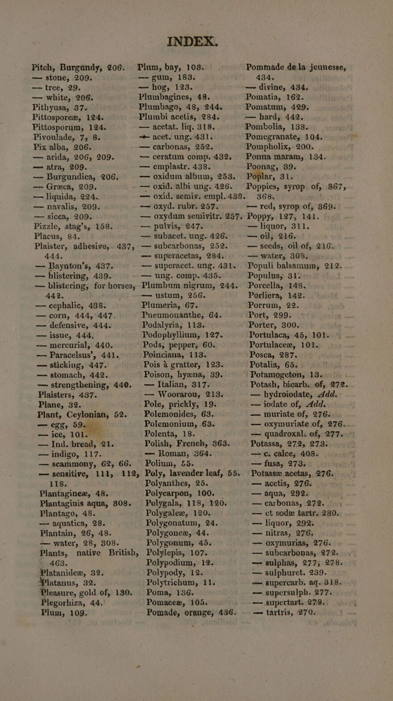 — stone, 209. — tree, 29. — white, 206. Pithyusa, 37. Pittosporer, 124. Pittosporum, 124. Pivoulade, 7, 8. Pix alba, 206. — arida, 2065 209. — atra, 209. — Burgundica, 206. — Greca, 209. — liquida, 224. — navalis, 209. - — sicca, 209. Pizzle, stag’s, 158. Placus, 84. Plaister, adhesive, 437, 444, — Baynton’s, 437. — blistering, 439. — blistering, for horses, 442. — cephalic, 438. — corn, 444, 447. — defensive, 444. — issue, 444, -—— mercurial, 440. — Paracelsus’, 441. — sticking, 447. — stomach, 442. — strengthening, 440. Plaisters, 437. Plane, 32. Plant, Ceylonian, 52. — egg, 59. — ice, 101. — Ind. bread, 21. — indigo, 117. — scammony, 62, 66. — sensitive, 111, 118. Plantaginee, 48. Plantaginis aqua, 308. Plantago, 458. —- aquatica, 28. Plantain, 26, 48. — water, 28, 308. Plants, native British, © 463. Platanidex, 32. Platanus, 32. Pleasure, gold. of, 130. Plegorhiza, 44. Plum, 109. INDEX. ee gum, 183. — hog, 123. Plumbago, 48, 244. Plumbi acetis, 284. — acetat. liq. 318. + acet. ung. 431. — carbonas, 252. — emplastr. 438. — oxidum album, 253. — oxid. albi ung. 426. — oxyd. rubr. 257. 434. — divine, 434. Pomatia, 162. Pomatum, 429, — hard, 442. Pombolia, 138. Pomegranate, 104. Pompholix,- 200. Ponna maram, 134. Poonag, 89. Poplar, 31. Poppies, syrop of, 367, 368, — red, syrop of, 869. — pulvis, 247. — subacet. ung. 426. — subcarbonas, 252. —- superacetas, 284. —— superacet. ung. 431. — ung. comp. 435. Plumbum nigrum, 244. — ustum, 256. Plumeria, 67. Pneumonanthe, 64. Podalyria, 113. Podophyllium, 127. Pods, pepper; 60. Poinciana, 113. Pois 4 gratter, 123. — Italian, 317. — Woorarou, 213. Pole, prickly, 19. Polemonides, 63. Polemonium, 63. Polenta, 18. Polish, French, 363. — Roman, 364. Polium, 55. Poly, lavender leaf, 55. Polyanthes, 25. Polycarpon, 100. Polygala, 118, 120. - Polygalez, 120. Polygonatum, 24. Polygonee, 44. Polygonum, 45. Polylepis, 107. Polypodium, 12. Polypody, 12. Polytrichum, 11. Poma, 136. Pomacer, 105. Pomade, orange, 436, — —— liquor, 311. — oil, 216. — seeds, oil of, 216. — water, 308, Populi balsamum, 212. Populus, 31. Porcella, 148. Porliera, 142. ‘Porrum, 22. ‘Port, 299. Porter, 300. Portulaca, 45, 101. Portulacee, 101. Posca, 287. Potalia, 65. Potamogeton, 13. Potash, bicarb.. of, 272. — hydroiodate, ddd. — iodate of, ddd. — muriate of, 276. — oxymuriate of, 276... —— quadroxal. of, 277.-.° Potassa, 272, 273. — c. calce; 408. — fusa, 273. Potasse acetas, 276. — acetis, 276. — aqua, 292. — carbonas, 272. — ct sode tartr. 280.. — liquor, 292. — nitras, 276. — oxymurias, 276. — subcarbonas, 272... — sulphas, 277; 278. — sulphuret. 239. — supercarb. aq. 318. — supersulph. 277. — .supertart. 27:8. - — tartris, 270.