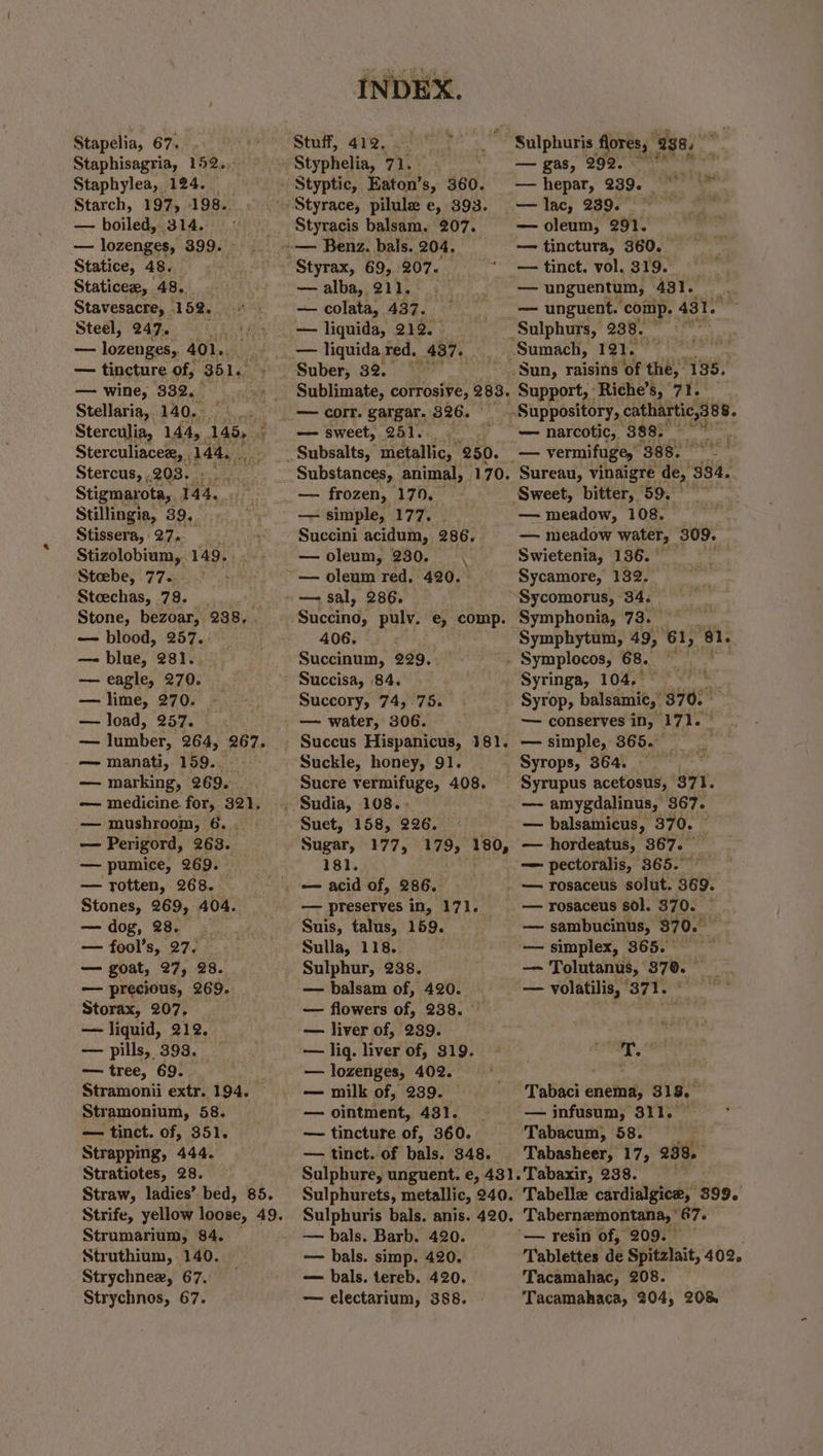 Stapelia, 67. ; Staphisagria, 152, Staphylea, 124. | Starch, 197, 198. — boiled, 314. — lozenges, 399. Statice, 48. Statice, 48. Stavesacre, - 152. Steel, 247. - lozéiiens 40l. — tincture of, B51. : — wine, 332, Stellaria, 140. |. Sterculia, 144, 145, F Sterculiacez, , 144. Se Stercus, .203. ae Stigmarota, 144. Stillingia, 39, Stissera, 27, Stizolobium,. 149. Stoebe, 77. Stoechas, 798. _ Stone, bezoar, 238, . — blood, 257... — blue, 281.. — eagle, 270. — lime, 270. — — load, 257. — luinber, 264, 267. — manati, 159. - — marking, 269. . — medicine for, 321, — mushroom, 6. . — Perigord, 263. — pumice, 269. — rotten, 268. Stones, 269, 404. — dog, 28. . — fool’s, 27. — goat, 27, 28. — precious, 269. Storax, 207, — liquid, 212. — pills, 393. — tree, 69. Stramonii extr. 194. Stramonium, 58. — tinct. of, 351, Strapping, 444. Stratiotes, 28. Straw, ladies’ bed, 85. , Strumarium, 84. Struthium, 140. Strychnex, 67. Strychnos, 67. INDEX. Stuff, 479, hi tY Styracis balsam, 207. — colata, 437. -— liquida, 212. Suber, 32. ~ Sulphuris flores; asa. — gas, 292. — hepar, 239. — — lac, 239. — oleum, 291. — tinctura, 360. — tinct. vol. 319. | — unguentum, 431. ss — unguent. comp. 431. a ‘Sulphurs, 238. . Sumach, 121. Sun, raisins ire the, 135. * — sweet, 251. — simple, 177. | —oleum, 230. , Succino, pulv. e, comp. 406. Succinum, 229, Succisa, 84. Succory, 74, 75. Suckle, honey, 91. Sucre vermifuge, 408. Suet, 158, 226. Sugar, 177, 181. — pfeserves in, 171. Suis, talus, 159. Sulla, 118. Sulphur, 238. — balsam of, 420. — flowers of, 238. - — liver of, 239. — liq. liver of, 319. — lozenges, 402. — milk of, 239. — — ointment, 431. — tincture of, 360. — — tinct. of bals. 348. Suppository, cathartic,3 88. — narcotic, 388. — vermifuge, 388. Sweet, bitter, 59. — meadow, 108. — meadow water, 309. Swietenia, 136. Sycamore, 132. Sycomorus, 34. Symphonia, 73. Symphytum, 49, 61, ‘81. - Symplocos, 68.  Syringa, 104. . Syrop, balsamic, 8705 — conserves in, 171. — Syrops, 364. Syrupus acetosus, - $71. — amygdalinus, 367. — balsamicus, 370. — pectoralis, 365. ~ — rosaceus sol. 370. — sambucinus, 370. Be — simplex, 365. — Tolutanus, 370. — volatilis, 371. ° op Tabaci enema, 3138. — infusum, 311. ‘Tabacum, 58. Tabasheer, 17, 238. — bals. Barb. 420. — bals. simp. 420. — bals. tereb. 420. — electarium, 388. Tablettes de Spitzlait, 402. Tacamahac, 208. Tacamahaca, 204, 208