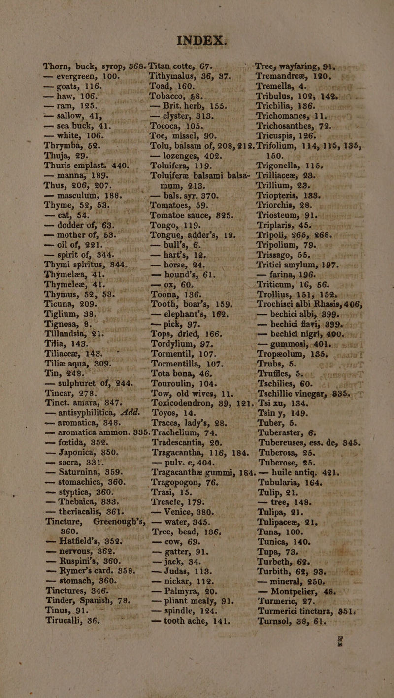— goats, 116. — haw, 106. —Tam, 125. — sallow, 41, — white, 106. si Thrymba, 52. Thuja, 29. > Thuris emplast. 440. — manna, 189. a Thus, 206, 207. — cat, 54. ena — dodder ‘of, ” 6. — mother of, 53. — oil of, 227.” — spirit of, 344. Thymelza, at. Thymelee, 41. Ticuna, 209. Tignosa, i Tillandsia, © @1. Tilia, 143. Tiliaceze, 143. | Tilie aqua, 309. Tin, 248.° Tincar, 278. -— aromatica, 34 8. _ Tithymalus, 36, a Toad, 160. — clyster, 313. - ~— lozenges, 402. Toluifera, 119. mum, 213. Tongo, 119. ar Tongues. adder’ s, 12. — horse, 24, . ‘ — hound’s,, 61. Tops, dried, 166. Tordylium, 97, _ Toyos, 14. Traces, lady’s, 28. iy — foetida, 352. — Japonica, 350. — — sacra, 331. — Saturnina, 359. -— stomachica, 360. — styptica, 360. — Thebaica, 833. — Tincture, 360. _ nervous, $62, — stomach, 360. _ Tinctures, 346. ang Tinus, 91. °°> © Tirucalli, 36. Tradescantia, 20. : Trasi, 15. Treacle, 179. — water, 345. — cow, 69. — gatter, 91, — jack, 34... — Judas, 113. — pliant mealy, 91. — spindle, 124. © ‘Tree, wayfaring, 91.» Tremella, 4.0. ~ ore Tricuspis, 126, - 160, Trigonella, 1 15. Trillium, 23. Triopteris, 133. Triorchis, 28. Tripoli; 2655. 268. _/Triticum, 16, 56. _.-Trollius,. 1515152. _Tropeolum, 1884 af “Trubs, ‘5. a's. eTruffles, S805 ors »Tschilies, 60. eh -Tsin y, 149. ‘Tuberaster, 6. -‘Tuberosa, 25. Tuberose, 25. Tubularia, 164. — tree, 148. Tulipa, 21. Tunica, 140. Turbeth,, 62. Turmeric, 27. 5
