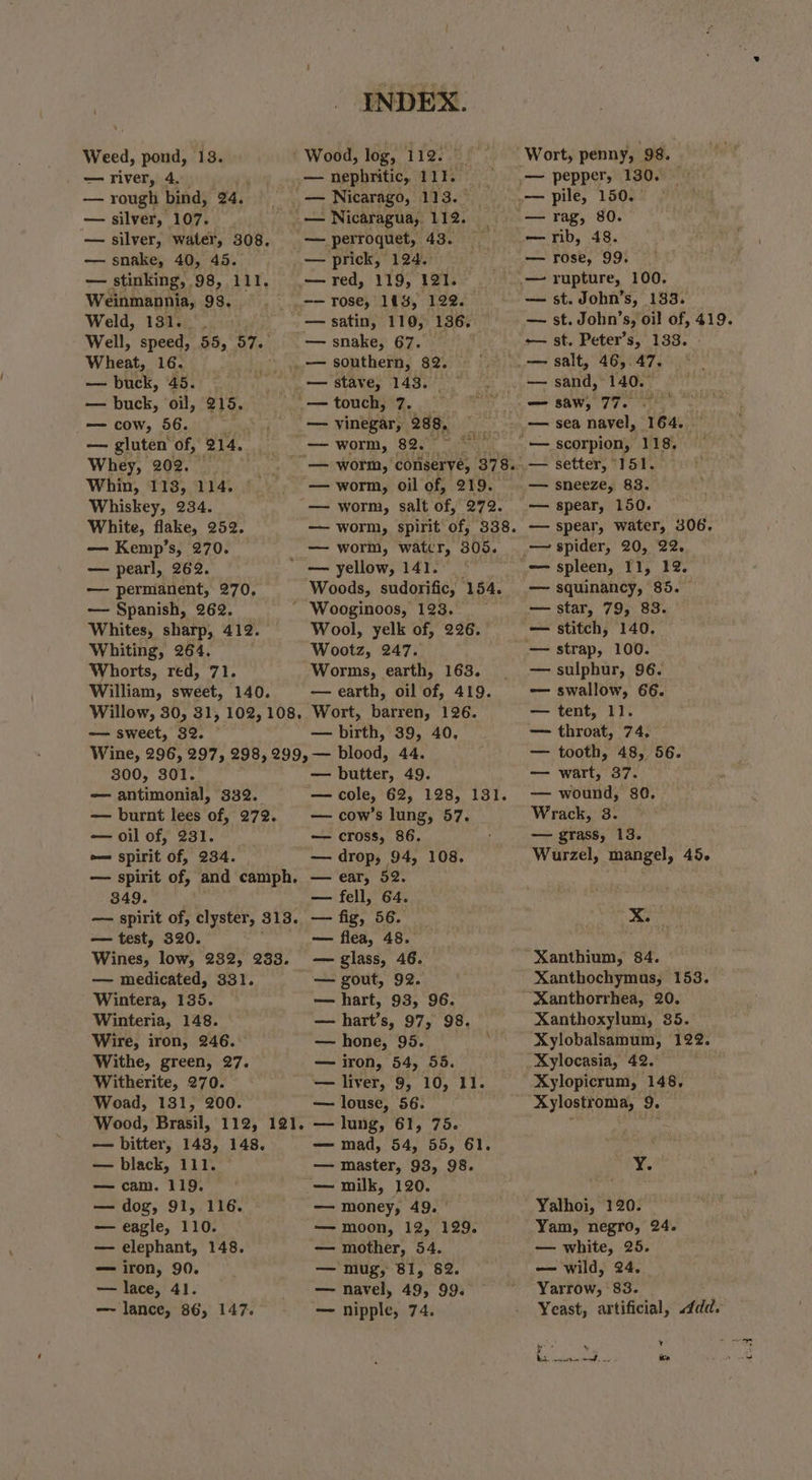 — river, 4. — rough bind, 24. — silver, 107. — silver, water, 308. — snake, 40, 45. — stinking, 98, 111. Weinmannia, 98... . Weld, 131. |. Well, speed, 55, 57. Wheat, 16. — buck, 45. © — buck, ‘oil, 215. — cow, 56. : — gluten of, 214, Whey, 202. . Whin, 113, 114. © Whiskey, 234. White, flake, 252. — Kemp’s, 270. — pearl, 262. — permanent, 270, — Spanish, 262. Whites, sharp, 412. Whiting, 264. Whorts, red, 71. William, sweet, 140. INDEX. — nephritic, 111. — prick, 124.) — snake, 67. — vinegar, 288, re 82. api oil of, 219. salt of, 272. spirit of, 338. watcr, 309. oT ine worm, — worm, Woods, sudorific, 154. Wool, yelk of, 226. Wootz, 247. Worms, earth, 163. — earth, oil of, 419. — sweet, 32. — birth, 39, 40. 300, 301. — antimonial, 332. — burnt lees of, 272. — oil of, 231. -— spirit of, 234. — butter, 49. — cow’s lung, 57. — cross, 86. — drop, 94, 108. 349. — fell, 64. — test, 320. Wines, low, 232, 233. — medicated, 331. Wintera, 135. Winteria, 148. Wire, iron, 246. Withe, green, 27. Witherite, 270. — Woad, 131, 200. — flea, 48. — glass, 46. — gout, 92. — hart, 93, 96. — hart’s, 97, 98. — hone, 95. — iron, 54, 55. — liver, 9, 10, 11. — louse, 56. \ — bitter, 143, 148. — black, 111. — — cam. 119, — dog, 91, 116. — eagle, 110. — elephant, 148. — iron, 90. — lace, 41. — lance, 86, 147. — mad, 54, 55, 61. — master, 93, 98. — milk, 120. — money, 49. | — moon, 12, 129. — mother, 54. — mug, 81, 82. mete navel, 49, 99. — nipple, 74. Pris i rag, 80. — rose, 99. — st. John’s, 1383. — st. John’s, oil of, 419. -— st. Peter’s, 133. salt, 46,.47. — sand, 140, — sea navel, 164. aft — sneeze, 83. — spear, 150. — spear, water, 306. — squinancy, 85. — stitch, 140. — sulphur, 96. — swallow, 66. — tent, 11. — throat, 74. — tooth, 48, 56. — wart, 37. — wound, 80. Wrack, 3. — grass, 13. Wurzel, mangel, 45. x? ; Xanthochymus, 153. Xanthoxylum, 85. Xylobalsamum, 122. Xylopicrum, 148. Xylostroma, 9. A Yathoi, 120. Yam, negro, 24. — wild, 24. Yarrow, 83. Yeast, artificial, dd. a 5 ree oaee le Ae Pa