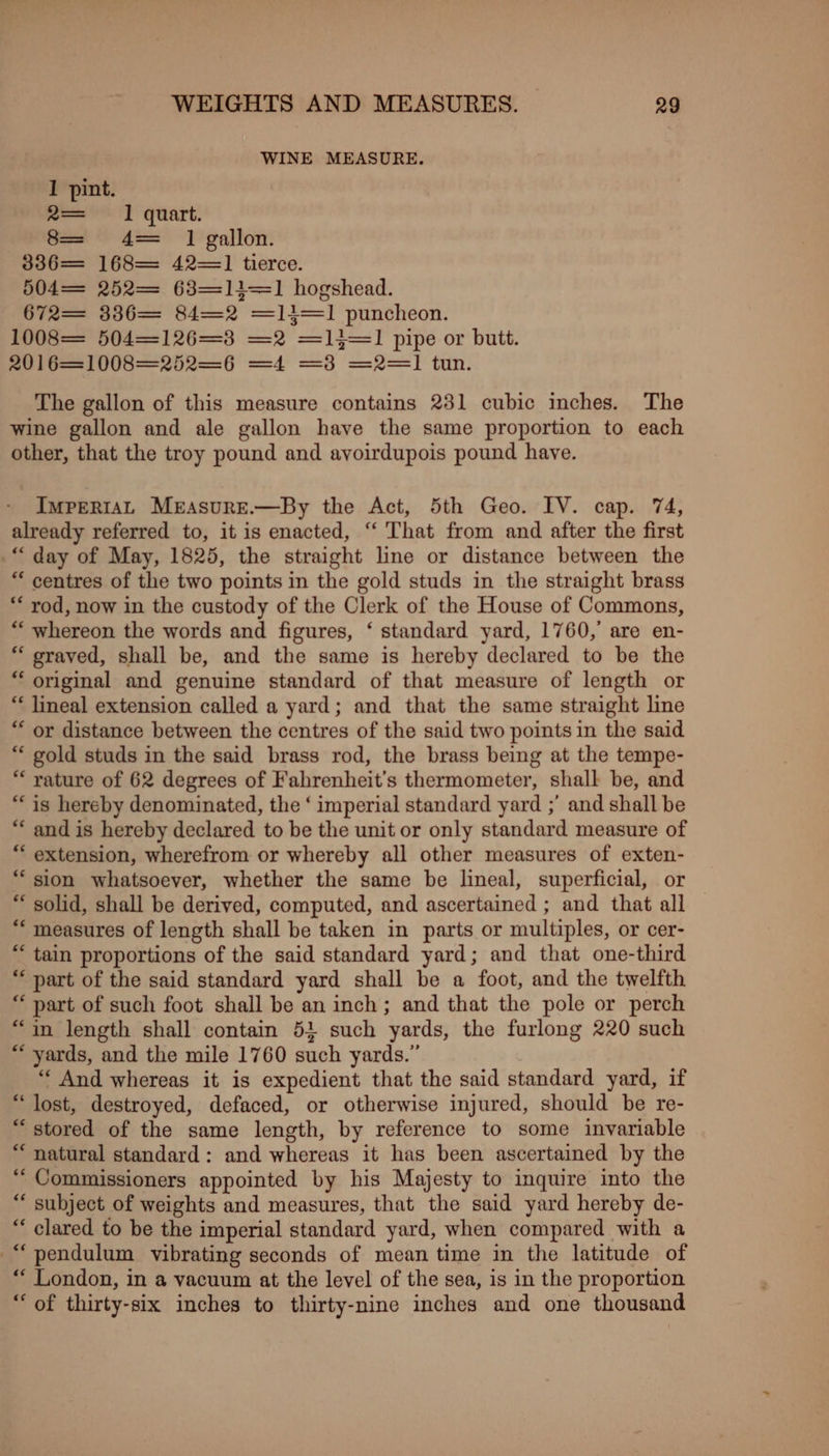 WINE MEASURE. I pint. 2= 1 quart. 8== 4= 1 gallon. 3386= 168== 42=—] tierce. 504= 252=— 63=11—1 hogshead. 672—= 336 84—2 =—1]4=— 1 puncheon. 1008 504=126=8 —2 —11—1 pipe or butt. 2016=1008=252=6 =4 =3 =2=—1 tun. The gallon of this measure contains 231 cubic inches. The wine gallon and ale gallon have the same proportion to each other, that the troy pound and ayoirdupois pound have. IMPERIAL MeEAsuRE.—By the Act, 5th Geo. IV. cap. 74, already referred to, it is enacted, ‘“ That from and after the first “ day of May, 1825, the straight line or distance between the “ centres of the two points in the gold studs in the straight brass ** rod, now in the custody of the Clerk of the House of Commons, *“‘ whereon the words and figures, ‘ standard yard, 1760, are en- “ grayed, shall be, and the same is hereby declared to be the “ original and genuine standard of that measure of length or “ lineal extension called a yard; and that the same straight line “ or distance between the centres of the said two points in the said “ gold studs in the said brass rod, the brass being at the tempe- “rature of 62 degrees of Fahrenheit’s thermometer, shall be, and “is hereby denominated, the ‘ imperial standard yard ;’ and shall be “‘ and is hereby declared to be the unit or only standard measure of “extension, wherefrom or whereby all other measures of exten- “sion whatsoever, whether the same be lineal, superficial, or * solid, shall be derived, computed, and ascertained ; and that all “measures of length shall be taken in parts or multiples, or cer- “ tain proportions of the said standard yard; and that one-third “part of the said standard yard shall be a foot, and the twelfth “ part of such foot shall be an inch; and that the pole or perch “in length shall contain 51 such yards, the furlong 220 such * yards, and the mile 1760 such yards.” ‘“‘ And whereas it is expedient that the said standard yard, if “lost, destroyed, defaced, or otherwise injured, should be re- “stored of the same length, by reference to some invariable “natural standard: and whereas it has been ascertained by the “Commissioners appointed by his Majesty to inquire into the “ subject of weights and measures, that the said yard hereby de- “clared to be the imperial standard yard, when compared with a “pendulum vibrating seconds of mean time in the latitude of “ London, in a vacuum at the level of the sea, is in the proportion “of thirty-six inches to thirty-nine inches and one thousand
