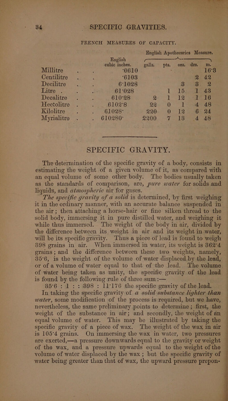 : . of - SBPECIFIC GRAVITIES. FRENCH MEASURES OF CAPACITY. English Apothecaries Measure. English po ee cubic inches. galls. pts. ozs. drs. m. — Millitre ‘ : ‘0610 : ; 16°3 Centilitre . 6108 2 42 Decilitre . 6°1028 3 @. 2 Litre . : : 61°028 1 TOs Decalitre. 610°28 Ql 12 pee Heciolitre . 6102°8 22: O- | sabes Kilolitre : : 61028 220 UB Be 6 24 Myrialitre . . 610280 2200 7. Las SPECIFIC GRAVITY. The determination of the specific gravity of a body, consists in an equal volume of some other body. ‘The bodies usually taken as the standards of comparison, are, pure water for solids and liquids, and atmospheric air for gases. | The specific gravity of a solid is determined, by first weighing the air; then attaching a horse-hair or fine silken thread to the solid body, immersing it in pure distilled water, and weighing it while thus immersed. The weight of the body in air, divided by the difference between its weight in air and its weight in -water, will be its specific gravity. ‘Thus a piece of lead is found to weigh 398 grains in air. When immersed in water, its weight 1s 362°4 erains; and the difference between these two weights, namely, or of a volume of water equal to that of the lead. The volume of water being taken as unity, the specific gravity of the lead is found by the following rule of three sum :— r; 35°6 : 1 : : 898 : 11°176 the specific gravity of the lead. In taking the specific gravity of a solid substance lighter than weight of the substance in air; and secondly, the weight of an equal volume of water. This may be illustrated by taking the specific gravity of a piece of wax. The weight of the wax in air is 105°4 grains. On immersing the wax in water, two pressures of the wax, and a pressure upwards equal to the weight of the volume of water displaced by the wax ; but the specific gravity of water being greater than that of wax, the upward pressure prepon-
