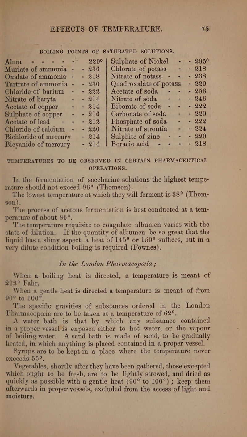 BOILING POINTS OF SATURATED SOLUTIONS. Alum - - - - -* 220° | Sulphate of Nickel - - 285° Muriate of ammonia - - 236 | Chlorate of potass - - 218 Oxalate of ammonia - - 218 | Nitrate of potass - - - 238 Tartrate of ammonia - - 230 | Quadroxalate of potass - 220 Chloride of barium - - 222 | Acetate ofsoda - - - 256 Nitrate of baryta - - 214 | Nitrate ofsoda - - - 246 Acetate of copper - - 214 | Biborate of soda - - - 222 Sulphate of copper - - 216 | Carbonate ofsoda - - 220 Acetate oflead - - - 212 | Phosphate ofsoda - - 222 Chloride of calcium - + 220 | Nitrate of strontia - - 224 Bichloride of mercury - 214 | Sulphite of zinc - - - 220 Bicyanide of mercury - 214 | Boracicacid - + - - 218 TEMPERATURES TO BE OBSERVED IN CERTAIN PHARMACEUTICAL OPERATIONS. In the fermentation of saccharine solutions the highest tempe- rature should not exceed 86° (Thomson). a lowest temperature at which they will ferment is 38° (Thom- son). The process of acetous fermentation is best conducted at a tem- perature of about 86°. The temperature requisite to coagulate albumen varies with the state of dilution. If the quantity of albumen be s0 great that the liquid has a slimy aspect, a heat of 145° or 150° suffices, but in a very dilute condition boiling is required (Fownes). In the London Pharmacopeia ; When « boiling heat is directed, a temperature is meant of 212° Fahr. When a gentle heat is directed a temperature is meant of from 90° to 100°. The specific gravities of substances ordered in the London Pharmacopeeia are to be taken at a temperature of 62°. A water bath is that by which any substance contained in a proper vessel is exposed either to hot water, or the vapour of boiling water. A sand bath is made of sand, to be gradually heated, in which anything is placed contained in a proper vessel. Syrups are to be kept in a place where the temperature never exceeds 55°. Vegetables, shortly after they have been gathered, those excepted which ought to be fresh, are to be lightly strewed, and dried as quickly as possible with a gentle heat (90° to 100°) ; keep them afterwards in proper vessels, excluded from the access of light and moisture.
