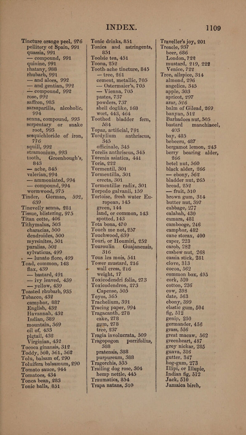 pellitory of Spain, 991 quassia, 991 — compound, 991 quinine, 991 rhatany, 988 rhubarb, 991. — and aloes, 992 — and gentian, 992 / — compound, 992 rose, 992 saffron, 983 sarsaparilla, 994, senna, compound, 993 serpentary or snake root, 993 alcoholic, 776 squill, 992 stramonium, 993 _ tooth, Greenhough’s, 843, — ache, 845 valerian, 994 — ammoniated, 994 — compound, 994 wormwood, 975 Tinder, German, 639 Tinevelly senna, 281 Tissue, blistering, 975 Titan cotte, 406 Tithymalus, 503 characias, 500 dendroides, 500 myrsinites, 501 paralias, 502 sylvaticus, 499 » — lunato flore, 499 Toad, common, 148 flax, 439 — bastard, 491 — ivy leaved, 439 — yellow, 439 Toasted rhubarb, 935 Tobacco, 432 camphor, 887 English, 432 Havannah, 432 Indian, 389 mountain, 369 oil of, 433 pigtail, 432 Virginian, 432 Tococa ginansis, 312 Toddy, 560, 561, 562 Tolu, balsam of, 290 Toluifera balsamum, 290 Tomato sauce, 944 Tomatoes, 434 Tonca bean, 283 Tonic balls, 851 592, INDEX. Tonics and _astringents, 851 Toolsie tea, 451 Toona, 252 Tooth-ache tincture, 845 — tree, 261 cement, metallic, 705 — Ostermaier’s, 705 — Vienna, 705 pastes, 737 powders, 737 shell doglike, 168 wort, 443, 464 Toothed bladder 584 Topaz, artificial, 791 Tordylium _anthriscus, 345 officinale, 345 Torelis anthriscus, 345 Torenia asiatica, 441 Toria, 222 Tormentil, 301 Tormentilla, 301 erecta, 3501 Tormentilla radix, 301 Torpedo galvanii, 159 Tortoise, fresh water Eu- ropean, 143 green, 144 land, or common, 143 spotted, 143 Tota bona, 470 Touch me not, 257 Touchwood, 639 Touri, or Houmiri, 252 Touroulin QGuajanensis, 316 Tous les mois, 541 Tower mustard, 216 wall cress, 216 weight, 17 Toxicodendri folia, 273 Toxicodendron, 273 Capense, 505 Toyos, 565 Trachelium, 391 Tracing paper, 994 Tragacanth,.278 cake, 278 gum, 278 tree, 237 Tragia involucrata, 509 Tragopogon ~— porrifolius, 388 fern, pratensis, 388 purpureum, 388 Tragorchis, 535 Trailing dog rose, 304 hemp nettle, 445 Traumatics, 854 Trapa natans, 310 1109 Treacle, 937 beer, 686 London, 722 mustard, 219, 222 Venice, 722 Tree, allspice, 314 almond, 296 angelica, 345 apple, 303 apricot, 297 arar, 526 balm of Gilead, 269. banyan, 512 Barbadoes nut, 505 . bastard manchineel, 403 bay, 485 bebeeru, 487 bergamot lemon, 243 berry bearing alder, 266 betel nut, 560 black alder, 266 — ebony, 562 bladder nut, 265 bread, 252 — fruit, 510 brown gum, 314 butter nut, 397 cabbage, 277 calabah, 430 camara, 481 cambooge, 246 camphor, 482 cane storax, 400 caper, 223 carob, 282 cashew nut, 268 cassia stick, 281 clove, 313 cocoa, 562 common box, 495 cork, 520 cotton, 236 cow, 398 date, 563 ebony, 399 elastic gum, 504 fig, 512 genip, 250 germander, 456 grass, 556 great macaw, 562 greenheart, 487 grey nickar, 285 guava, 316 gutter, 347 hog-gum, 273 Hlipi, or Illupie, Indian fig, 512 Jack, 510 Janiaica birch,