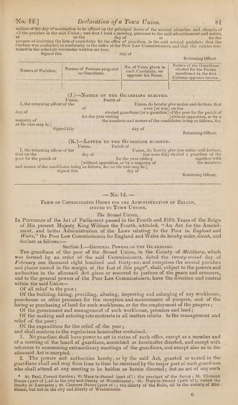 notices of the day of nomination to be affixed on the principal doors of the several churches and chapels of all the parishes in the said Union; and that I held a meeting, pursuant to the said advertisement and notice, at on the day of at for the purpose of declaring the lists of candidates for the office of guardian, in the said several parishes; that the election was conducted in conformity to the order of the Poor Law Commissioners, and that the entries con- tained in the schedule bereunder-written are true. Signed this day of Returning Officer Names of the Guardians elected for the Parish mentioned in the first Column opposite hereto, a No. of Votes given to each Candidate, set opposite his Name. Names of Persons propose Names of Parishes, F as Guardians. (J.)\—Novice oF THE GUARDIANS ELECTED, Union. Parish of I, the returning officer of the Union, do hereby give notice and declare, that of were [or was] on the day of elected guardians [or a guardian] of the poor for the parish of for the year ending [without opposition, or by a majority of the numbers and names of the candidates being as follows, &amp;c. as the cause may be.) Signed this day of Returning Officer. (K.)\—Lerrer to roe GuarpIANS ELECTED. Union. Parish of I, the returning officer of the Union, do hereby give you notice and declare, that on the day of you were duly elected a guardian of the poor for the parish of for the year ending together with [without opposition, or by a majority of the numbers and names of the candidates being as follows, &amp;c. as the case may be.) Signed this day of Returning Officer, a No. Pas = Form or Conso.ipaTeD Orper For THE ADMINISTRATION OF RELIEF, IssuED ro Town Unrons, The Strand Union. In Pursuance of the Act of Parliament passed in the Fourth and Fifth Years of the Reign of His present Majesty King William the Fourth, intituled, “An Act for the Amend- ment, and better Administration of the Laws relating to the Poor in England and Wales,” the Poor Law Commissioners for England and Wales do hereby order, direct, and declare as follows :— Section I.— Grnzrat Powers or THE GUARDIANS. Tue guardians of the poor of the Strand Union, in the County of Middlesex, which was formed by an order of the said Commissioners, dated the twenty-second day of February one thousand eight hundred and thirty-szr, and comprises the several parishes and places named in the margin at the foot of this page*, shall, subject to the powers and authorities in the aforesaid Act given or reserved to justices of the peace and overseers, and to the general powers uf the Poor Law Commissioners, have the direction and control within the said Union— Of all relief to the poor; Of the building, hiring, providing, altering, improving and enlarging of any workhouse, poor-house or other premises for the reception and maintenance of paupers, and of the hiring or purchasing of land for such workhouse, or for the employment of the paupers ; Of the government and management of such workhouse, premises and land ; Of the making and entering into contracts in all matters relatin to the management and relief of the poor; Of the expenditure for the relief of the poor; and shall conform to the regulations hereinafter contained. 1, No guardian shall have power to act in virtue of such office, except as a member and ata meeting of the board of guardians, assembled as hereinafter directed, and except with ~ reference to summoning extraordinary meetings of the guardians, and except also as in the aforesaid Act is excepted. . 2. The powers and authorities hereby, or by the said Act, granted or vested in the guardians shall and may from time to time be exercised by the major part of such guardians who shall attend at any meeting to be holden as herein directed; but no act of any such * St. Paul, Covent Garden; St.Mary-le-Strand (part of); the precinct of the Savoy; St. Clement Danes (part of ), all in the city and liberty of Westminster; St. Mary-le-Strand (part of), called the Duchy of Lancaster ; St. Clement Danes (part of); the liberty of the Rolls, all in the county of Mid- dlesex, but not in the city and liberty of Westminster. G