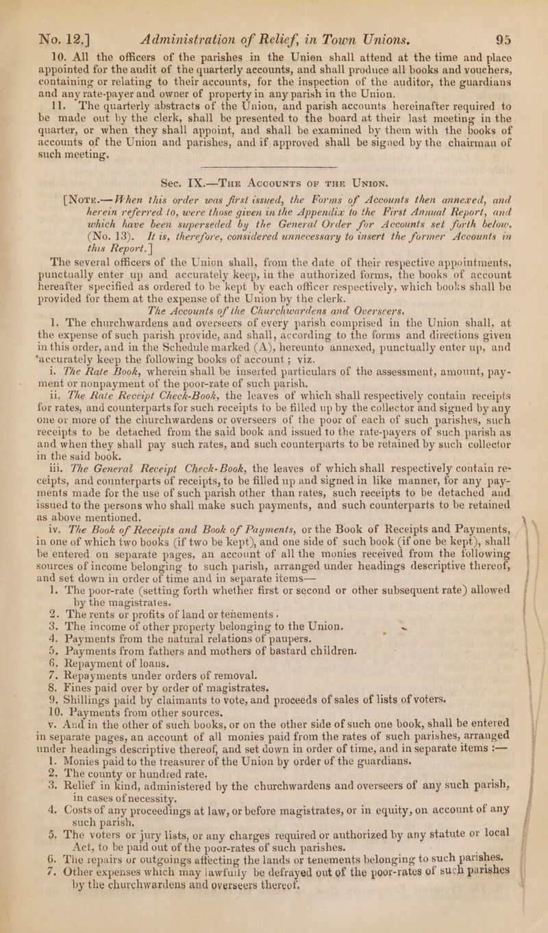 10. All the officers of the parishes in the Union shall attend at the time and place appointed for the audit of the quarterly accounts, and shall produce all books and vouchers, containing or relating to their accounts, for the inspection of the auditor, the guardians and any rate-payer and owner of property in any parish in the Union. . 11, The quarterly abstracts of the Union, and parish accounts hereinafter required to be made out by the clerk, shall be presented to the board at their last meeting in the | quarter, or when they shall appoint, and shall be examined by them with the books of accounts of the Union and parishes, and if approved shall be signed by the chairman of such meeting. Sec. IX.—Tuer Accounrs or THe UNION. [Note.—When this order was first issued, the Forms of Accounts then annexed, and herein referred to, were those given inthe Appendix to the First Annual Report, and which have been superseded by the General Order for Accounts set forth below. (No. 13). tis, therefore, considered unnecessary to insert the former Accounts in this Report. | The several officers of the Union shall, from the date of their respective appointments, punctually enter up and accurately keep, in the authorized forms, the books of account hereafter specified as ordered to be kept by each officer respectively, which books shall be provided for them at the expense of the Union by the clerk. The Accounts of the Churchwardens and Overseers. 1, The churchwardens and overseers of every parish comprised in the Union shall, at the expense of such parish provide, and shall, according to the forms and directions given in this order, and in the Schedule marked (A), hereunto annexed, punctually enter up, and ‘accurately keep the following books of account; viz. i. The Rate Book, wherein shall be inserted particulars of the assessment, amount, pay- ment or nonpayment of the poor-rate of such parish, u, The Rate Receipt Check-Book, the leaves of which shall respectively contain receipts for rates, and counterparts for such receipts to be filled up by the collector and signed by any one or more of the churchwardens or overseers of the poor of each of such parishes, such receipts to be detached from the said book and issued to the rate-payers of such parish as and when they shall pay such rates, and such counterparts to be retained by such collector in the said book. iii. The General Receipt Check- Book, the leaves of which shall respectively contain re- ceipts, and counterparts of receipts, to be filled up and signed in like manner, for any pay- ments made for the use of such parish other than rates, such receipts to be detached and issued to the persons who shall make such payments, and such counterparts to be retained as above mentioned. iv. The Book of Receipts and Book of Payments, or the Book of Receipts and Payments, be entered on separate pages, an account of all the monies received from the following sources of income belonging to such parish, arranged under headings descriptive thereof, and set down in order of time and in separate items— 1. The poor-rate (setting forth whether first or second or other subsequent rate) allowed by the magistrates. 2. The rents or profits of land or tenements - 3. The income of other property belonging to the Union. ~ 4, Payments from the natural relations of paupers. 5. Payments from fathers and mothers of bastard children. 6. Repayment of loans. 7. Repayments under orders of removal. 8. Fines paid over by order of magistrates, 9, Shillings paid by claimants to vote, and proceeds of sales of lists of voters. 10, Payments from other sources. y. And in the other of such books, or on the other side of such one book, shall be entered in separate pages, an account of all monies paid from the rates of such parishes, arranged under headings descriptive thereof, and set down in order of time, and in separate 1tems :-— 1. Monies paid to the treasurer of the Union by order of the guardians. 2. The county or hundred rate. : Relief in kind, administered by the churchwardens and overseers of any such parish, in cases of necessity. . Costs of any proceedings at law, or before magistrates, or in equity, on account of any such parish, The voters or jury lists, or any charges required or authorized by any statute or local Act, to be paid out of the poor-rates of such parishes. : » The repairs or outgoings affecting the lands or tenements belonging to such parishes. . Other expenses which may lawfuily be defrayed out of the poor-rates of such parishes by the churchwardens and overseers thereof, oO Ro be kr) SEES PER, so Sa