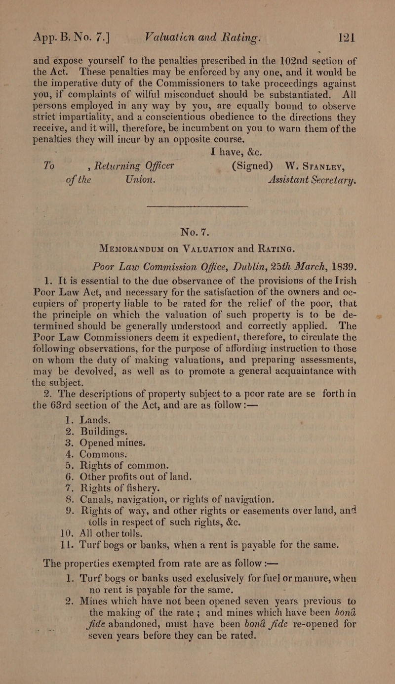 and expose yourself to the penalties prescribed in the 102nd section of the Act. These penalties may be enforced by any one, and it would be the imperative duty of the Commissioners to take proceedings against you, if complaints of wilful misconduct should be substantiated. All persons employed in any way by you, are equally bound to observe strict impartiality, and a conscientious obedience to the directions they receive, and it will, therefore, be incumbent on you to warn them of the penalties they will incur by an opposite course. I have, &amp;c. To , Returning Officer (Signed) W. Srantey, of the Union. Assistant Secretary. No. 7. MEMORANDUM On VALUATION and RATING. Poor Law Commission Office, Dublin, 25th March, 1839. 1. It is essential to the due observance of the provisions of the Irish Poor Law Act, and necessary for the satisfaction of the owners and oc- cupiers of property liable to be rated for the relief of the poor, that the principle on which the valuation of such property is to be de- termined should be generally understood and correctly applied. The Poor Law Commissioners deem it expedient, therefore, to circulate the following observations, for the purpose of affording instruction to those on whom the duty of making valuations, and preparing assessments, may be devolved, as well as to promote a general acquaintance with the subject. 2. The descriptions of property subject to a poor rate are se forth in the 63rd section of the Act, and are as follow:— 1. Lands. . Buildings. . Opened mines. . Commons. . Rights of common. . Other profits out of land. . Rights of fishery. . Canals, navigation, or rights of navigation. . Rights of way, and other rights or easements over land, and iolls in respect of such rights, &amp;c. 10. All other tolls. 11. Turf bogs or banks, when a rent is payable for the same. OANA WW The properties exempted from rate are as follow :— 1. Turf bogs or banks used exclusively for fuel or manure, when no rent is payable for the same. 2. Mines which have not been opened seven years previous to the making of the rate ; and mines which have been bona fide abandoned, must have been bond fide re-opened for seven years before they can be rated.