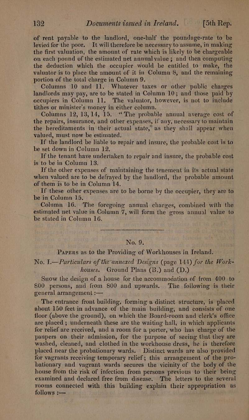 of rent payable to the landlord, one-half the poundage-rate to be levied for the poor. It will therefore be necessary to assume, in making the first valuation, the amount of rate which is likely to be chargeable on each pound of the estimated net annual value; and then computing the deduction which the occupier would be entitled to make, the valuator is to place the amount of it in Column 8, and the remaining portion of the total charge in Column 9. Columns 10 and 11. Whatever taxes or other public charges landlords may pay, are to be stated in Column 10; and those paid by occupiers in Column 11, The valuator, however, is not to include tithes or minister's money in either column. Columns 12, 13,14, 15. “* The probable annual average cost of the repairs, insurance, and other expenses, if any, necessary to maintain the hereditaments in their actual state,’ as they shall appear when valued, must now be estimated. If the landlord be liable to repair and insure, the probable cost is to be set down in Column 12. If the tenant have undertaken to repair and insure, the probable cost is to be in Column 13. If the other expenses of maintaining the tenement in its actual state when valued are to be defrayed by the landlord, the probable amount of them is to be in Column 14. If these other expenses are to be borne by the occupier, they are to be in Column 15. Column 16. The foregoing annual charges, combined with the estimated net value in Column 7, will form the gross annual value to be stated in Column 16. No. 9; Papers as to the Providing of Workhouses in Ireland. No. I.—Particulars of the annexed Designs (page 144) for the Work- houses. Ground Plans (8.) and (D.) Suow the design of a house for the accommodation of from 400 to 800 persons, and from 800 and upwards. ‘The following is their oeneral arrangement :— The entrance front building, forming a distinct structure, is placed about 150 feet in advance of the main building, and consists of one floor (above the ground), on which the Board-room and clerk’s office are placed ; underneath these are the waiting hall, in which applicants for relief are received, and a room for a porter, who has charge of the paupers on their admission, for the purpose of seeing that they are washed, cleaned, and clothed in the workhouse dress, he is therefore placed near the probationary wards. Distinct wards are also provided for vagrants receiving temporary relief; this arrangement of the pro- bationary and vagrant wards secures the vicinity of the body of the house from the risk of infection from persons previous to their being examined and declared free from disease. The letters to the several rooms connected with this building explain their appropriation as follows :—