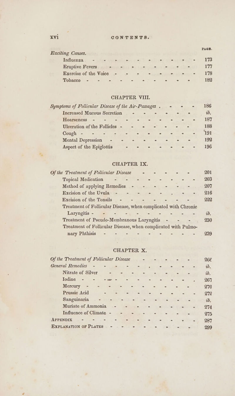 Exciting Causes. Influenza - a > fi Exercise of the Voice - = Tobacco - - = - - Hoarseness - - - - Ulceration of the Follicles - - Cough - - - - = Aspect of the Epiglottis . Of the Treatment of Follicular Disease Topical Medication - Method of applying Remedies - Excision of the Uvula - — - Excision of the Tonsils -~— - Laryngitis- - - - nary Phthisis - - = - CHAPTER X. Of the Treatment of Follicular Disease General Remedies - - ~ z Nitrate of Silver - F . Iodine - - <a < - Mercury - ~ - . i Prussic Acid - i . Sanguinaria - ae a Muriate of Ammonia - Ft Influence of Climate - . = APPENDIX - - - = m -