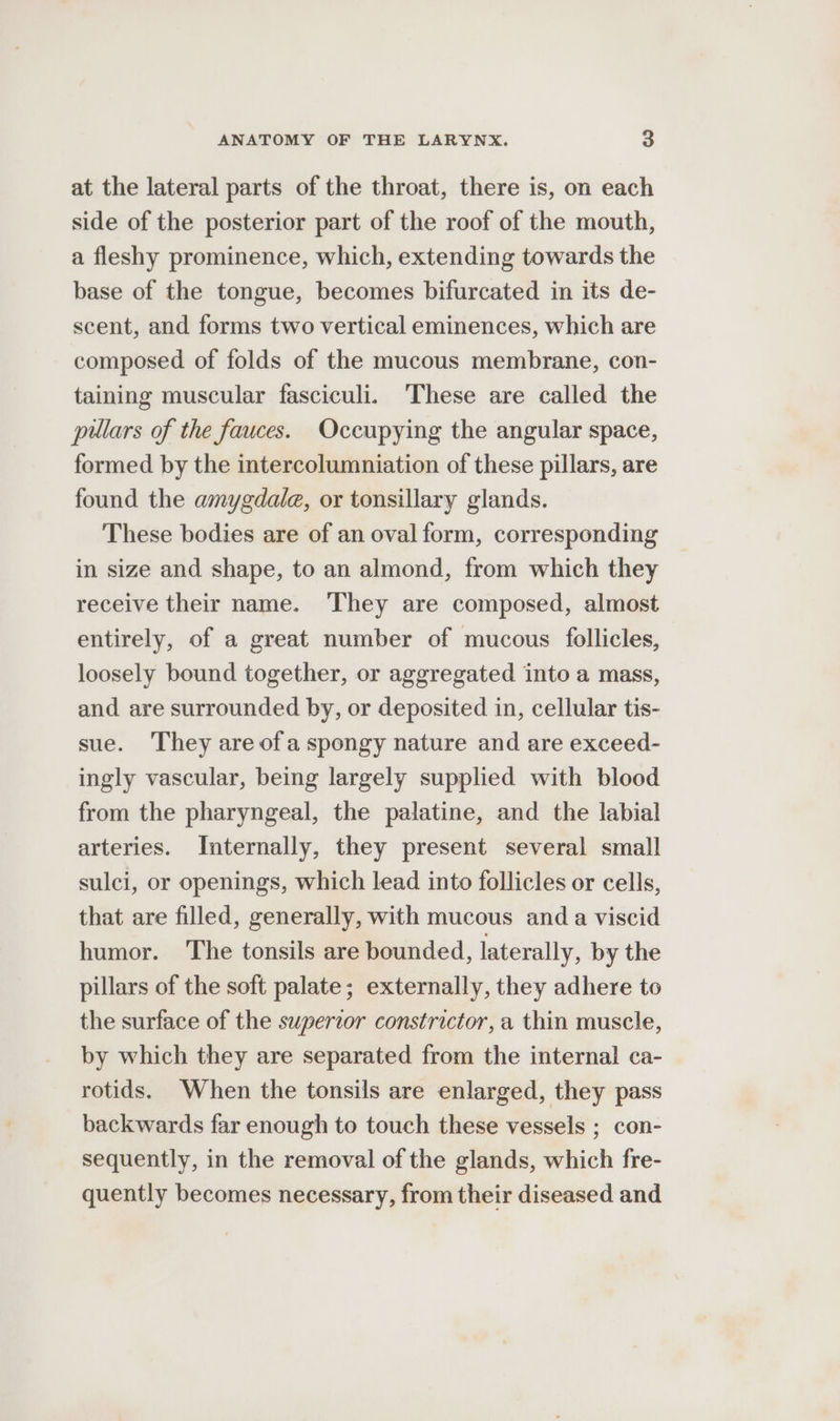at the lateral parts of the throat, there is, on each side of the posterior part of the roof of the mouth, a fleshy prominence, which, extending towards the base of the tongue, becomes bifurcated in its de- scent, and forms two vertical eminences, which are composed of folds of the mucous membrane, con- taining muscular fasciculi. ‘These are called the pulars of the fauces. Occupying the angular space, formed by the intercolumniation of these pillars, are found the amygdale, or tonsillary glands. These bodies are of an oval form, corresponding in size and shape, to an almond, from which they receive their name. ‘They are composed, almost entirely, of a great number of mucous follicles, loosely bound together, or aggregated into a mass, and are surrounded by, or deposited in, cellular tis- sue. They are of aspongy nature and are exceed- ingly vascular, being largely supplied with blood from the pharyngeal, the palatine, and the labial arteries. Internally, they present several small sulci, or openings, which lead into follicles or cells, that are filled, generally, with mucous and a viscid humor. The tonsils are bounded, laterally, by the pillars of the soft palate; externally, they adhere to the surface of the superior constrictor, a thin muscle, by which they are separated from the internal ca- rotids. When the tonsils are enlarged, they pass backwards far enough to touch these vessels ; con- sequently, in the removal of the glands, which fre- quently becomes necessary, from their diseased and