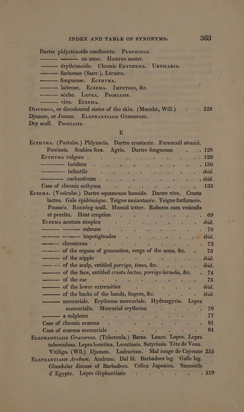 Dartre phlycténoide confluente. Prmputeus. en zone. Herpes zoster. érythémoide. Chronic Erytuema. Urricarta. — farineuse (Sauv.), Licnen. fongueuse. Ectuyma. —~—— laiteuse. Eczema. Impetigo, &amp;c. ——— séche. Lepra.- Psoriasis. ——— vive. Eczema. Discuroa, or discoloured states of the skin. (Maculz, Will.) . . 328 Djuzam, or Juzam. Exvernantiasis Grecorum. Dry scall. Psortasts. E Ecruyma. (Pustule.) Phlyzacia. Dartre crustacée. Furunculi atonici. Psoriasis. Scabies fera. Agria. Dartre fongueuse : . 128 EctuymMa vulgare . : ; ‘ . 4 ¥29 ——-—— luridum . ; , 4 : F ; ‘ . 1380 ——— — infantile : ; : : A “ : sy ebed. — cachecticum 3 : : : : ; . ibid. Case of chronic ecthyma , 5 ; : vy 1183 Eczema. (Vesiculz.) Dartre squameuse iuaide Dartre vive. Crusta lactea. Gale épidémique. Teigne amiantacée. Teigne furfuracée. Poussée. Running scall.. Humid tetter. Rubores cum vesiculis et pruritu. Heat eruption . . . 69 Eczema acutum simplex : : : i ; ; 5 400d, ——— ——— rubrum. ; ; . . £0 ——— ——-— impetiginodes . : , : : = tbid. —— — chronicum . : : ero ——-—- of the organs of sen castabty a verge of the anus, ee : 73 ——w— of the nipple : é . . : ebid. of the scalp, entitled porrigo, ee be * : . dbid. of the face, entitled crusta lactea, porrigo larvalis, &amp;e. . 74 — of the ear : : 4 4 é E = 75 —- of the lower extremities i ; ibid. ‘—__ of the backs of the hands, fingers, Be. : : i aia, ——- mercuriale. Erythema mercuriale. Hydrargyria. Lepra mercurialis. Mercurial erythema ‘ : gee 7 a sulphure 5 5 : é : : : . 77 Case of chronic eczema . ; ‘ * of -ot Case of eczema mercuriale_. : 84 Everuantiasis Grecorum. (Tubercula.) mare Picea ‘Tepee Penta tuberculosa. Lepra leontina. Leontiasis. Satyriasis. Téte de Veau. Vitiligo. (Wil.) Djuzam. Ladrarium. Mal rouge de Cayenne 255 Everuantrasis Arabum. Andrum. Dal fil. Barbadoes leg. Galle leg. Glandular disease of Barbadoes. Colica Japonica. Sarcocéle d' Egypte. Lépre éléphantiasis 5 6 9. 1. °°. e819