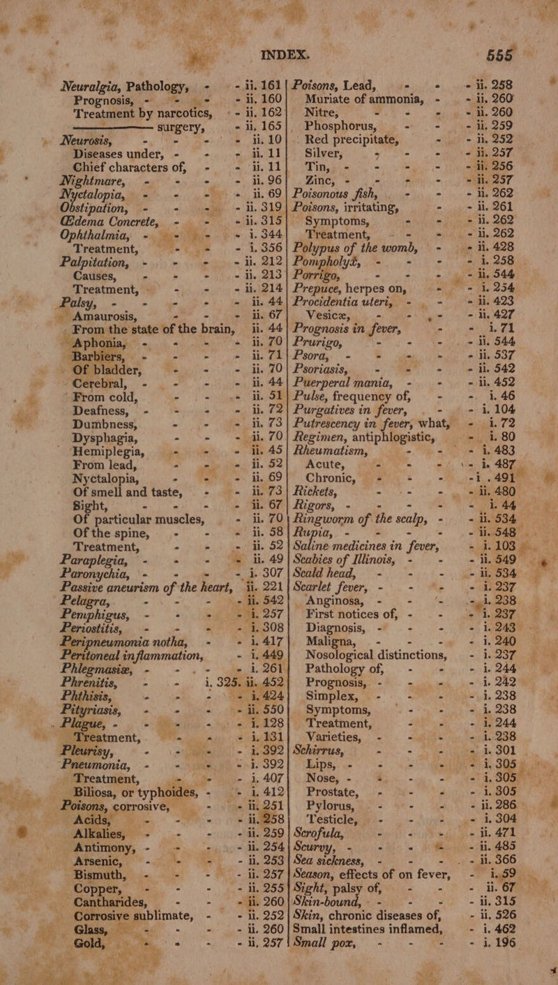 a” : a , is on a Ae i a im _ INDEX. Neuralgia, Pathology, - | -.ji.161| Poisons, Lead, - Prognosis, - = * = 1i,160/ Muriate of ammonia, - surgery, -ii,165|, Phosphorus, - - Diseases under, - . - ti. 1l] Silver, . - - Chief characters of, - - ii 11) Tin, -— - ore Nightmare, - - - i.96] . Zinc, = - Nyctalopia, - - + + ii, 69| Poisonous fish, - Obstipation, - - = + 11.319] Poisons, irritating, - @dema Concrete, - - + ii.315| Symptoms, - Ophthalmia, - + - = i.344| Treatment, - - Treatment, §- - = 1.356) Polypus of the womb, > Palpitation, - - + = ii. 212) Pompholy#, - - Causes, - - - - li. 213 | Porrigo, - - - Palsy, - ” - : - i. 44| Procidentia uteri, - . - Amaurosis, - - ii. 67| Vesicen, - += y- From ae ear of the brain, ii. 44 | Prognosis in fever, - - Aphoni ‘ - ii. 70| Prurigo, od = ee ar wy . > - ii. 71|-Psora, - - - - ’ ‘Of b ‘ - - ii. 70| Psoriasis, - aii, Cerebral, - .- - + ii, 44) Puerperal mania, -. - ’ From cold, - + «+ ii, SL} Pulse, frequency of, — - Deafness, - - - - ii. 72| Purgatives in fever, . - Dumbness, - + = it, 73| Putrescency in fever, what, Dysphagia, - = = di. 70) Regimen, antiphiggeeeee ‘Hemiplegia, —- - - li. 45| Rheumatism, - From lead, - = + ii. 52} Acute, a act Nyctalopia, - | Wate =~ OY | Chronic, aye) +. = Of smell andtaste, - - ii. 73} Rickets, 2 +e - Sight, - - - - i. 67| Rigors, - - particular muscles, - ii. 70) Ringworm of. the sealp, - Ofthespineg, - - = i. 58 so ae - - Treatment, - - « ii. 52} Saline jadecines in fever, Paraplegia, - + - = ii. 49) Scabies of Illinois, - - Paronychia, - - i. 307|Scaldhead, - - - Passive aneurism of the heavd, tk 221 | Scarlet fever, mh Sige » Pelagra, os wt. la ie il. 542) Anginosa, - - ‘- Pemphigus, - + + - 1.257) First noticesof, - = - Periostitis, - - - - 1,308] Diagnosis, - : ~ Peripneumonia notha, - + 1.417} Maligna,— - . Peritoneal inflammation, - 1,449} Nosological distinctions, Phlegmasiz, - - .- - i.261| Pathologyof, - - Phrenitis, - .- i, 325.ii,452} Prognosis, - - =. ist oe - + 1,424) Simplex, - it - - «, hee 550} Symptoms, - - °° Bilis - - 1.128| Treatment, - - Pin aes «te OL | Varieties, +) <a hs 4 en - 1,392} Schirrus, - - - “ad * 4: - i. 392 Lips, ted = - ° _ Treatment, = - 1,407} Nose, - : - : _ Biliosa, or _—o - (+ 1.412] Prostate, - - - isons, corrosive, - . +«i.251| Pylorus, - - - - Acids, ie we 1 RS | Testicle fie. ~ gy Alkalies, - - - . -)it. 259|Scrofula,’ -). +», Antimony, - - - »- li 254)Scuryy, - - + © Arsenic, - - - _ - ii. 253|Seasickness, - - Bismuth, - - - + ii. 257 | Season, effects of on fever Pr Copper, - - + . = ti, 255) Sight, palsy of, - — - -Cantharides, - - ° ii. 260 | Skin-bound, - . - Skin, chronic Wivcasds of, Small intestines inflamed, Small por, - -— - oe | t e t 8 8 iT 5 &amp; s 6 © pte pete pete bale Eto Pe pee pte Bae pede aa: e ° °° e e . . e e Fort, | aa ie) - i138