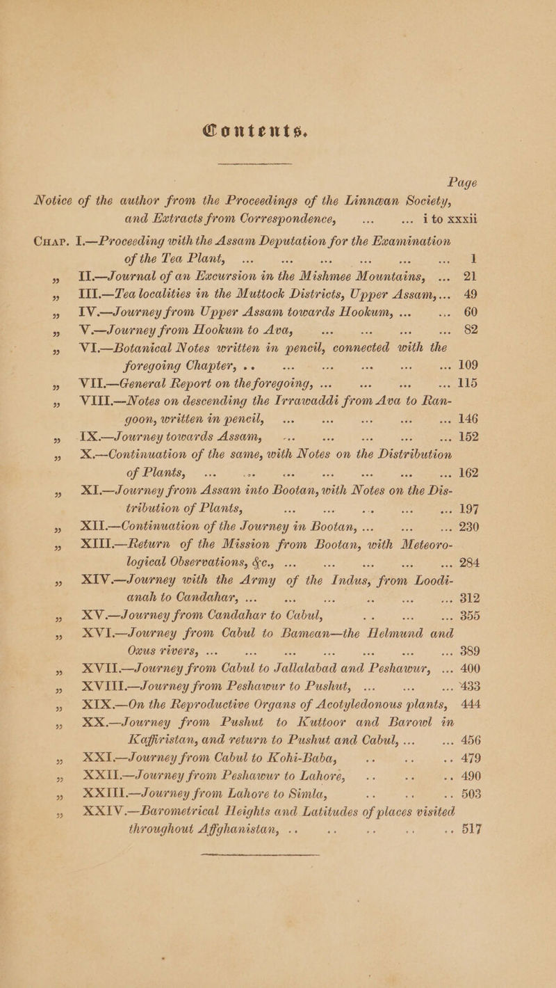 Contents, Page and Extracts from Correspondence, oe «+ 4 66 XERH 23 33 of the Tea Plant, ... Be ai Sdee Sea II.—Journal of an Excursion in ie M Cine M Fe aay ore III.—Tea localities in the Muttock Districts, Upper Assam,... 49 IV.—Journey from Upper Assam towards Hookum, ... oven Oe V.—Journey from Hookum to Ava, ae 82 VI.—Botanical Notes writien in pencil, Uae swith the foregoing Chapter, .. ae ea ws wes oe LOD VIil.—General Report on the foregoing, ... » 215 VIII.—-Wotes on descending the Irrawaddi Fro Ae to Bir: goon, written in pencil, ... eae Bs: ate .. 146 IX.—Journey towards Assam, ... Sc J na ... 152 X.—Continuation of the same, with Notes on ae Distribution of Plants, ... .. 162 XI.—Journey from sees into nies, with Not oles on ih Dis- tribution of Plants, ay er A Bi ous Oe XII.—Continuation of the Journey in phates me . 230 XITI.— Return of the Mission from Bootan, with u eteoro- logical Observations, &amp;c., ... ... 284 XIV.—Journey with the Army of ihe Z ae ‘peom, Teoee: anah to Candahay, ... %. j ate oe ee SOLZ XV.—Journey from Candahar to Catel, Br . 355 XVI—Journey from Cabul to Bamean—the H Hinde ad Ouus rivers, ... se OO XVIT.—Journey from Cabul to Pahalabad oe Babee. ..- 400 XVIII.—Journey from Peshawur to Pushut, ... es .. 433 XIX.—On the Reproductive Organs of Acotyledonous as 444 XX.—Journey from Pushut to Kuttoor and Barowl in Kaffiristan, and return to Pushut and Cabul, ... ... 456 XXI.—Journey from Cabul to Kohi-Baba, i 4 .» 479 XXII.—Journey from Peshawur to Lahore, .. oe -. 490 XXITI.—Journey from Lahore to Simla, ore .. 503 XXIV.—Barometrical Heights and Latitudes of pladel visited throughout Affyhanistan, .. A oe i ee OL