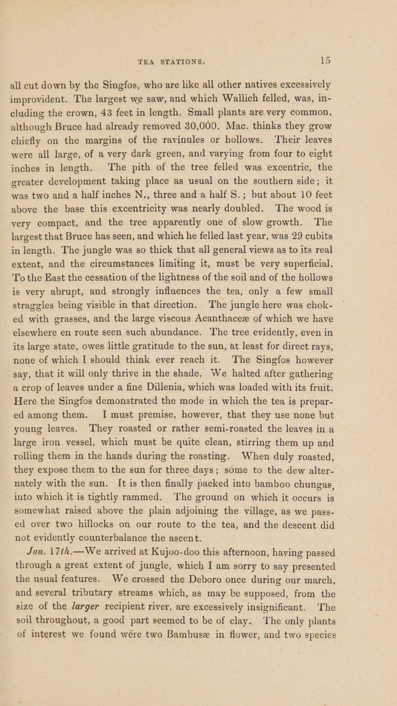 all cut down by the Singfos, who are like all other natives excessively improvident. The largest we saw, and which Wallich felled, was, in- cluding the crown, 43 feet in length. Small plants are very common, although Bruce had already removed 30,000. Mac. thinks they grow chiefly on the margins of the ravinules or hollows. Their leaves were all large, of a very dark green, and varying from four to eight inches in length. The pith of the tree felled was excentric, the greater development taking place as usual on the southern side; it was two and a half inches N., three and a half S.; but about 10 feet above the base this excentricity was nearly doubled. The wood is very compact, and the tree apparently one of slow growth. The largest that Bruce has seen, and which he felled last year, was 29 cubits in length. The jungle was so thick that all general views as to its real extent, and the circumstances limiting it, must be very superficial. To the East the cessation of the lightness of the soil and of the hollows is very abrupt, and strongly influences the tea, only a few small straggles being visible in that direction. The jungle here was chok- ed with grasses, and the large viscous Acanthaceze of which we have elsewhere en route seen such abundance. The tree evidently, even in its large state, owes little gratitude to the sun, at least for direct rays, none of which I should think ever reach it. The Singfos however say, that it will only thrive in the shade. We halted after gathering a crop of leaves under a fine Dillenia, which was loaded with its fruit. Here the Singfos demonstrated the mode in which the tea is prepar- ed among them. I must premise, however, that they use none but young leaves. They roasted or rather semi-roasted the leaves in a large iron vessel, which must be quite clean, stirring them up and rolling them in the hands during the roasting. When duly roasted, they expose them to the sun for three days; some to the dew alter- nately with the sun. It is then finally packed into bamboo chungas, into which it is tightly rammed. ‘The ground on which it occurs is somewhat raised above the plain adjoining the village, as we pass- ed over two hillocks on our route to the tea, and the descent did not evidently counterbalance the ascent. Jan. 17th.—We arrived at Kujoo-doo this afternoon, having passed through a great extent of jungle, which I am sorry to say presented the usual features. We crossed the Deboro once during our march, and several tributary streams which, as may ke supposed, from the size of the Jarger recipient river, are excessively insignificant. The soil throughout, a good part seemed to be of clay.. The only plants of interest we found wére two Bambusze in flower, and two species