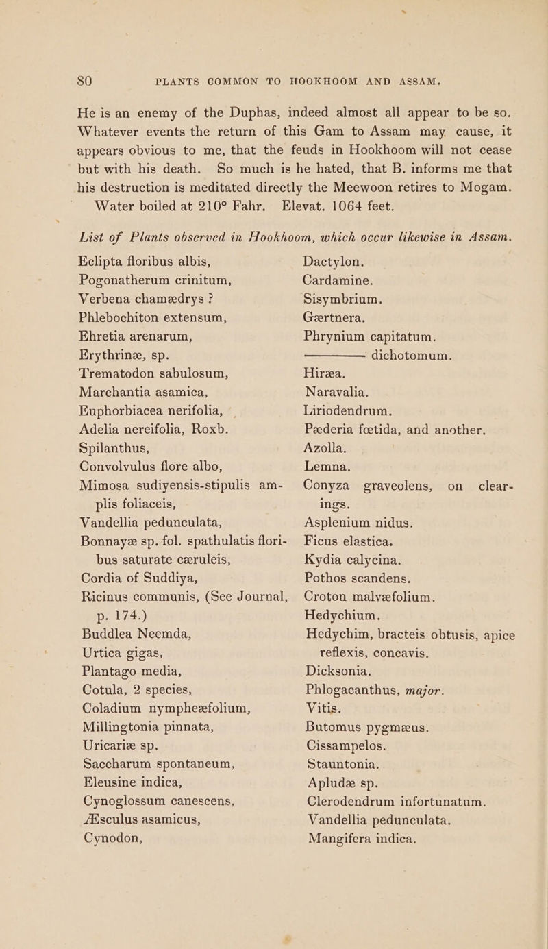 He is an enemy of the Duphas, indeed almost all appear to be so. Whatever events the return of this Gam to Assam may cause, it appears obvious to me, that the feuds in Hookhoom will not cease but with his death. So much is he hated, that B. informs me that his destruction is meditated directly the Meewoon retires to Mogam. Water boiled at 210° Fahr. Elevat. 1064 feet. List of Plants observed in Hookhoom, which occur likewise in Assam. Kclipta floribus albis, Dactylon. Pogonatherum crinitum, Cardamine. Verbena chameedrys ? Sisymbrium, Phlebochiton extensum, Geertnera. Ehretia arenarum, Phrynium capitatum. Erythrine, sp. ‘dichotomum. Trematodon sabulosum, Hirea. Marchantia asamica, Naravalia. Euphorbiacea nerifolia, Liriodendrum. Adelia nereifolia, Roxb. Spilanthus, Convolvulus flore albo, Mimosa sudiyensis-stipulis am- plis foliaceis, Vandellia pedunculata, Bonnaye sp. fol. spathulatis flori- bus saturate czeruleis, Cordia of Suddiya, Ricinus communis, (See Journal, p. 174.) Buddlea Neemda, Urtica gigas, Plantago media, Cotula, 2 species, Coladium nympheefolium, Millingtonia pinnata, Uricariz sp. Saccharum spontaneum, Eleusine indica, Cynoglossum canescens, Adsculus asamicus, Cynodon, Peederia foetida, and another. Azolla. Lemna. Conyza graveolens, on clear- ings. Asplenium nidus. Ficus elastica. Kydia calycina. Pothos scandens. Croton malveefolium. Hedychium. Hedychim, bracteis obtusis, apice reflexis, concavis. Dicksonia. Phlogacanthus, major. Vitis. Butomus pygmeus. Cissampelos. Stauntonia. Aplude sp. Clerodendrum infortunatum. Vandellia pedunculata. Mangifera indica.
