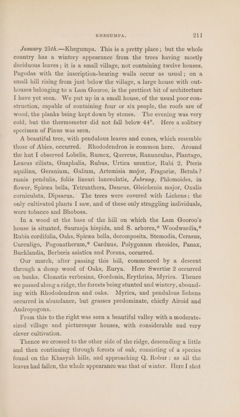 January 25th.—Khegumpa. This is a pretty place; but the whole country has a wintery appearance from the trees having mostly deciduous leaves; it is a small village, not containing twelve houses. Pagodas with the inscription-bearing walls occur as usual; on a small hill rising from just below the village, a large house with out- houses belonging to a Lam Gooroo, is the prettiest bit of architecture I have yet seen. We put up in a small house, of the usual poor con- struction, capable of containing four or six people, the roofs are of wood, the planks being kept down by stones. The evening was very cold, but the thermometer did not fall below 44°. Here a solitary specimen of Pinus was seen. j A beautiful tree, with pendulous leaves and cones, which resemble those of Abies, occurred. Rhododendron is common here. Around the hut I observed Lobelia, Rumex, Quercus, Ranunculus, Plantago, Leucas ciliata, Gnaphalia, Rubus, Urtica urentior, Rubi 2, Pteris aquilina, Geranium, Galium, Artemisia major, Fragariz, Betula? ramis pendulis, foliis lineari lanceolatis, Jubrung, Phlomoides, in flower, Spirzea bella, Tetranthera, Daucus, Gleichenia major, Oxalis corniculata, Dipsacus. The trees were covered with Lichens; the only cultivated plants I saw, and of these only straggling individuals, were tobacco and Bhobosa. In a wood at the base of the hill on which the Lam Gooroo’s house is situated, Saurauja hispida, and 8. arborea,* Woodwardia,* Rubia cordifolia, Oaks, Spirzea bella, decomposita, Stemodia, Cerasus, Curculigo, Pogonatherum,* Carduus, Polygonum rheoides, Panax, Bucklandia, Berberis asiatica and Porana, occurred. Our march, after passing this hill, commenced by a descent through a damp wood of Oaks, Eurya. Here Swertiz 2 occurred on banks. Clematis verbesina, Gordonia, Erythrina, Myrica. ‘Thence we passed along a ridge, the forests being stunted and wintery, abound- ing with Rhododendron and oaks. Myrica, and pendulous lichens occurred in abundance, but grasses predominate, chiefly Airoid and Andropogons. From this to the right was seen a beautiful valley with a moderate- sized village and picturesque houses, with considerable and very clever cultivation. Thence we crossed to the other side of the ridge, descending a little and then continuing through forests of oak, consisting of a species found on the Khasyah hills, and approaching Q. Robur: as all the leaves had fallen, the whole appearance was that of winter. Here I shot