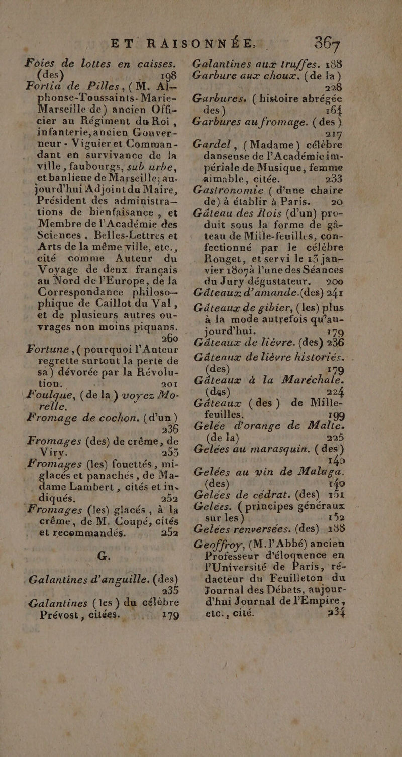 Foies de lottes en caisses. (des) 1108 Fortia de Pilles,(M. AÏ- honse-T'oussaints- Marie- AGDE EE VS ancien Offi- cier au Régiment du Roi, infanterie,ancien Gouver- neur - Viguieret Comman- dant en survivance de la Ville , faubourgs, sub urbe, et banlieue de Marseille; au- jourd’hui Adjoint du Maire, Président des administra— tions de bienfaisance , et Membre de | Académie des Sciences, Belles-Lettres et Arts de la même ville, etc., cité comme Auteur du Voyage de deux français au Nord de Europe, de la phique de Caillot du Val, et de plusieurs autres ou- vrages non moins piquans. 260 Fortune ,( pourquoi l’Auteur regrette surtout la perte de sa) dévorée par la Révolu- tion. | 201 F'oulque, (de la ) voyez Mo- relle. 5 Fromage de cochon. (d’un) 236 Fromages (des) de crême, de Viry. 293 Fromages (les) fouettés, mi- glacés et panachés , de Ma- dame Lambert , cités et in. . diqués. 252 Fromages (les) glacés, à la crême, de M. Coupé, cités et recommandés. 292 G. .Galantines d'anguille. (des) 235 Galantines (les ) du célèbre Prévost, citées. 179 367 Galantines aux truffes. 188 Garbure aux choux. (de fa) 228 Garbures, ( histoire abrégée des) 164 Garbures au fromage. ( des } 21° Gardel , (Madame) célèbre danseuse de PAcadémieim- périale de Musique, femme aimable, citée. 233 Gasironomie ( d’une chaire de) à établir à Paris. 20 Güteau des Rois (d’un) pro- duit sous la forme de gâ- teau de Miile-feuilles, con- fectionné par le célèbre Rouget, et servi le 13 jan- vier 18o7à l’une des Séances du Jury dégustateur. 200 Gâteaux d’amande.(des) 24x Gâteaux de gibier, (les) plus à la mode autrefois qu’au- jourd’hui. 179 Gâteaux de liévre. (des) 236 Gâteaux de lièvre historiés. . (des) 179 Gâteaux à la Maréchite. (des) 22 Gâteaux (des) de Mille- feuilles. 199 Gelée d'orange de Malte. (de la) 225 Gelées au marasquin. (des) 140 Gelées au vin de Maluga. (des) 140 Gelées de cédrat. (des) 151 Gelées. ( principes généraux sur les) 152 Gelées renversées. (des) 2158 Geoffroy, (M.Y Abbé) ancien Professeur d'éloquence en PUniversité de Paris, ré- dacteur du Feuilleton du Journal des Débats, aujour- d'hui Journal de l'Empire, etc., cité. 234
