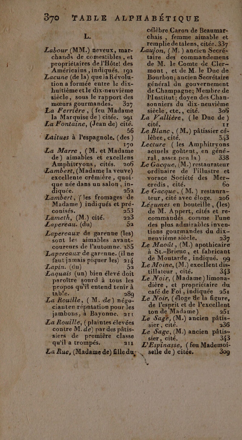 L L. Labour (MM.) neveux, mar- . chands de comestibles , et propriétaires de l'Hôtel des _‘ Américains ,indiqués. 192 Lacune (de la) quelaRévolu- tion a formée entre le dix- huitième et le dix-neuvième siècle, sous le rapport des mœurs gourmandes, La Ferrière , (feu Madame _ la Marquise de) citée. 291 La Fontaine, (Jean de) cité. LR 56 Laitues à l’espagnole. (des) 170 La Marre , (M. et Mälisrne de) aimables et excellens Amphitryons, cités. 206 Lambert, (Madame la veuve) _ excellente crêmière , quoi: de née dans un salon , in- iquée. 252 Lambert, (les fromages de Madame ) indiqués et pré- conisés. 253 Lameth, (M.) cité. 223 Lapereau. (du) D2 Lapereaux de garenne (les) sont les aïmables avant- coureurs de l’automne. 185 ‘Lapereaux de garenne. (ilne faut jamais piquer les) 214 Lapin. (àu) 2 Laquais (un) bien élevé doit paroître sourd à tous les - propos qu’il entend tenir à table. 289 La Rouille, (M.4de) négo- ciauten répütation pour les jambons, à Bayonne. ort La Rouille, (plaïntes élevées contre M. de) par des pâtis- “siers de première classe qu'il a trompés. ‘a11 \ célèbre Caron de Beaumar- chais , femme aimable et remplie detalens, citée. 337 ÆLaujon, (M. ) ancien Secré- taire des commandemens de M. le Comte de Cler= mont , et de M. le Duc de. Bourbon; ancien Secrétaire général du gouvernement de Champagne; Membre de PInstitut; doyen des Chan- sonniers du dix- neuvième siècle; etc. , cité. 306 La Valliére, (le Duc de) cité, “UE Le Blanc, (M.) pâtissier cé- lèbre , cité. 343 Lecture (les Amphitryons actuels goûtent, en géné- . ral, assez peu la) , 338 Le Gacque, (M.) restaurateur ordinaire de l’illustre et vorace Société des Mer- credis, cité. 415.00 Le Gacque, (M. ) restaura- teur, cité avec éloge. 206 Légumes en bouteille, (les) de M. Appert, cités et re- Ra 50 comme l’une des plus admirables inven- tions gourmandes du dix- nenvième siècle, 237 Le Maoût , (M.) apothicaire à St.-Brieuc, et fabricant de Moutarde, indiqué. 09 Le Moine, (M.) excellent dis- tillateur , cité, 343 Le Noir, (Madame) limona- dière , et propriétaire du café de Foi ,indiquée 9254 Le Noir, (éloge le la figure, de l'esprit et de lPexcellent ton de Madame) 25r Le Sage, (M.) ancien pâtis- sier, cité. 236 Le Sage, (M.) ancien pâtis- sier, cité. | 343 L'Espinasse, (feu Mademoi- | selle de ) citée. 30g El sg