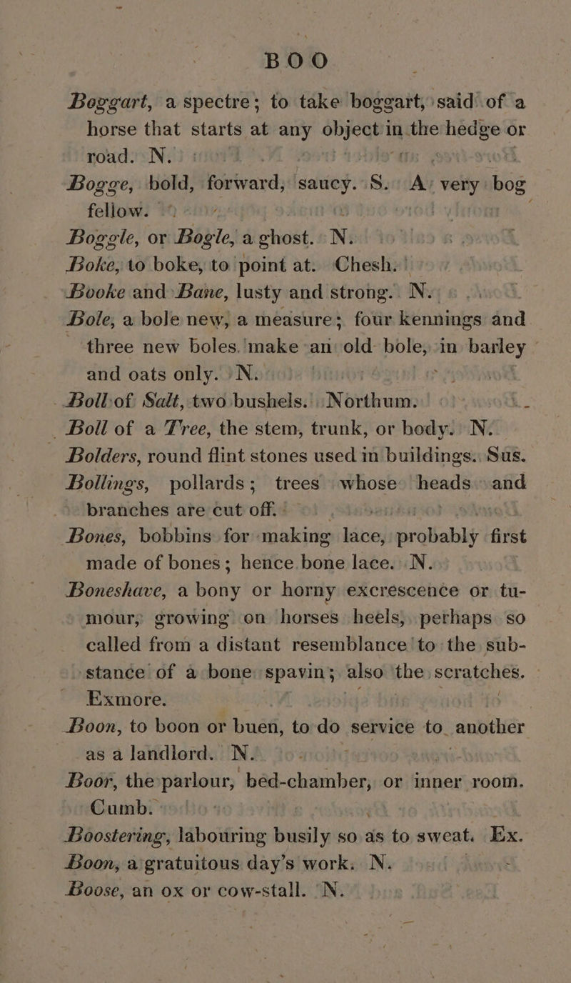 BOO Boggart, a spectre; to take boggart, said) of a horse that starts at any seh in.the hia or road. N. | Bogge, bold, forivard; cabs S. iA Hae ibe fellow. . Boggle, or Bogle, a ghost, N. Boke, to boke, to point at. Chesh.' Booke and Bane, lusty and strong.. N. Bole, a bole new, a measure; four kennings and three new boles.'make ‘an: old bole, in ria | and oats only. N. | » esa .Bollof Salt, two bushels. Novthum: 7 A Boll of a Tree, the stem, trunk, or body. N. - Bolders, round flint stones used in buildings. Sus, Bollings, pollards; trees whose heads.\.and branches are cut off. - pe | | Bones, bobbins for making lace, ikem first made of bones; hence bone lace. N. Boneshave, a bony or horny excrescence or tu- mour, growing on horses heels, perhaps so called from a distant resemblance tothe sub- stance of a bone spavin§ uso the, scratches, Exmore. Boon, to boon or past to do service to. another as a landlord. N. yts- Boor, the parlour, bed-chamber, or inner room. Curmb. - ‘ Boostering, labouring busily so as to sweat. Ex. Boon, a gratuitous day’s work. N. | Boose, an ox or cow-stall. |N.