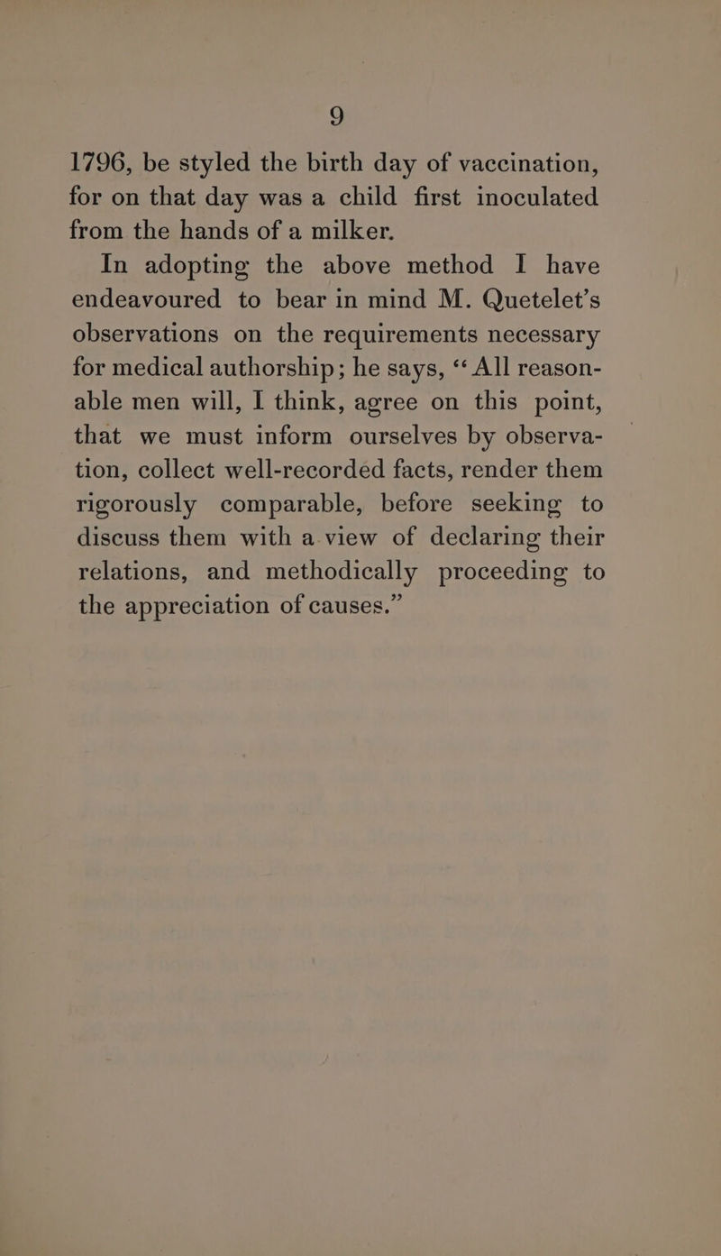 G 1796, be styled the birth day of vaccination, for on that day was a child first inoculated from the hands of a milker. In adopting the above method I have endeavoured to bear in mind M. Quetelet’s observations on the requirements necessary for medical authorship; he says, ‘‘ All reason- able men will, I think, agree on this point, that we must inform ourselves by observa- tion, collect well-recorded facts, render them rigorously comparable, before seeking to discuss them with a. view of declaring their relations, and methodically proceeding to the appreciation of causes.”