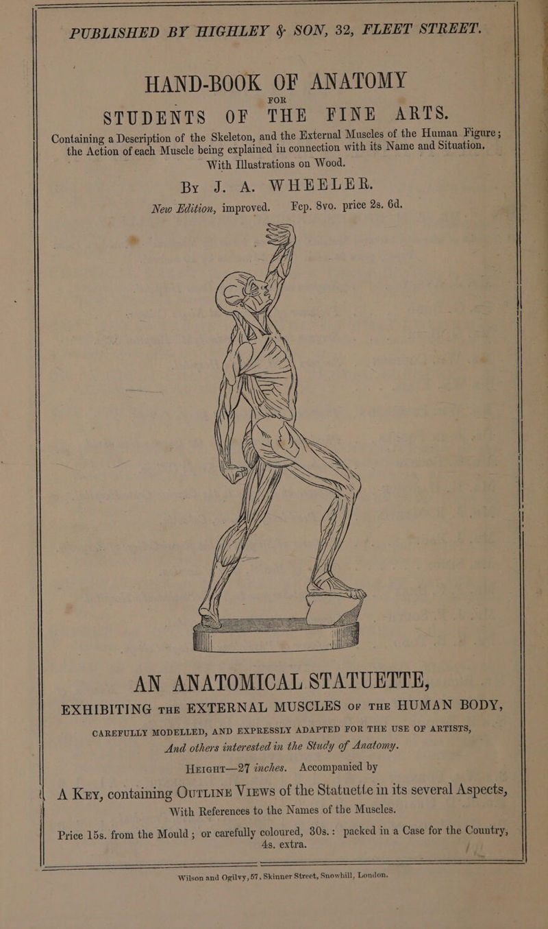 HAND-BOOK OF ANATOMY FOR STUDENTS OF THE FINE ARTS. Containing a Description of the Skeleton, and the External Muscles of the Human Figure; the Action of each Muscle being explained in connection with its Name and Situation. With Illustrations on Wood. By J. A. WHEELER. New Edition, improved. _Fep. 8vo. price 2s. 6d. AN ANATOMICAL STATUETTE, EXHIBITING rus EXTERNAL MUSCLES or ras HUMAN BODY, CAREFULLY MODELLED, AND EXPRESSLY ADAPTED FOR THE USE OF ARTISTS, And others interested in the Study of Anatomy. Heicgut—27 inches. Accompanied by i| A Kny, containing Ournine Views of the Statuette in its several Aspects, With References to the Names of the Muscles. Price 15s. from the Mould; or carefully coloured, 80s.: packed in a Case for the Country, As. extra. f ee SS Se eee Wilson and Ogilvy, 57, Skinner Strect, Snowhill, London,