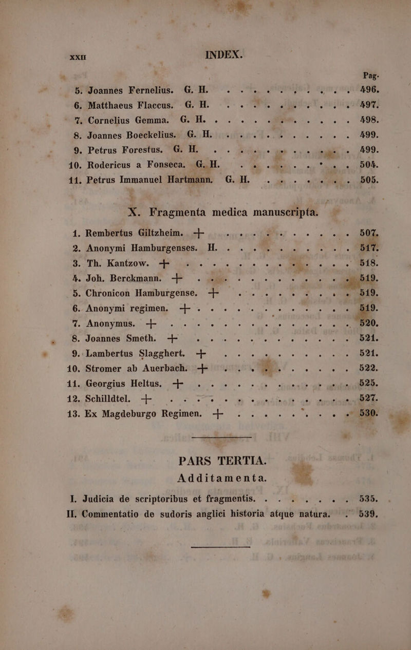 5. Joannes Fernelius. G. H. we: FEN a dier. 6. Matthaeus Flaccus. G. H. . . . . . . 7. Cornelius Gemma. G. H. . . . . . . . 8. Joannes Boeckelius. G. H. . . . . . . 9. Petrus Forestus. G H. . . . . . . . 10. Rodericus a Fonseca. G. H. Le 11. Petrus Immanuel Hartmann. G. H. = II. D m x vt H en Anonymi Hamburgenses. H. . . . Rembertus Giltzheim. Joh, Berckmann. # . ee. . . Chronicon Hamburgense. + : x Anonymi regimen. + . . . . . . + Anonymus. + . . . . . . . . £a Joannes Smeth. + SE RARE eade i LAN NS Lambertus Slagghert. + LN . Stromer ab Auerbach. + . . &gt; Georgius Heltus. + : 089. : AR SchllüielB 4. J. = 774. o ania Ex Magdeburgo Regimen. + . . . . . PARS TERTIA. Additamenta. Judicia de scriptoribus et fragmentis. Commentatio de sudoris anglici historia atque natura. Pag. . 496. . 491. 498. 499. . 499. . 504. 505. 507. 517. . 518. at . 519. . 520. 521. 521. 522. 525. . 527. . 530. 535. . 539.