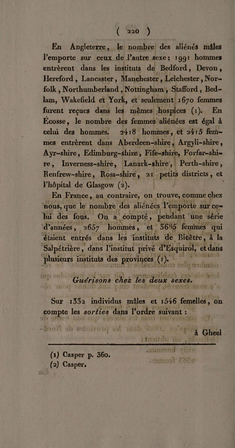 En Angleterre, le PNR des allénés inâles l'emporte sur ceux de l’autre sexe; 1991 hommes entrèrent dans les instituts de Bedford, Devon, Hereford , Lancaster , Manchester, Leichester , Nor- folk , Northumberland , Nottingham, Stafford ; Bed- lam, Wakefeld ét York, et’ seulement 1670 femmes furent reçues dans les mèmes hospices (1) En Écosse, le nombre des femmes aliénées est égal à celui des hommes. 2418 hommes, et 2415 fe mes entrérent dans Aberdeen-shire, Argyli-shire, Ayr-shire, Edimburg-shiré, Fife-shire, Forfar-shi- re, Inverness-shire, Lanark-shire, : Perth-shire, Renfrew-shire, Ross-shire, 21 petits districts, et Phôpital de Glasgow (2). En France, au contraire, on _t'ouve, comme chez 4° nous, que le nombre des aliénées Y'emporte. sur ce jui des fous. On a compté, pendant ‘ üne série ‘d'années, 2667 hommès , ‘et: 5655 femmes’ qui ‘étaient entrés dans les instituts de Bicètre, à la Salpétrière, dans l'institut privé MR et dans Plusieurs instituts des provinces, (r ju Et se | hit vof voue Het suomi snbsisi Guérisons chez les deux sexes. Sur 1332 individus mâles et 1546. femelles, on compte les sorlies dans Pordre s suivant : : Fo née RU Gi (1) Casper p. 360. (2) Casper,