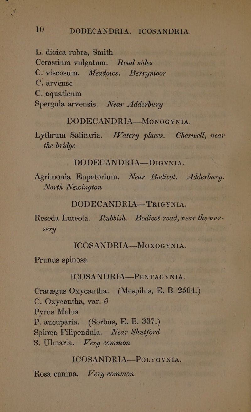 L. dioica rubra, Smith Cerastium vulgatum. Road sides C. viscosum. Meadows. Berrymoor C. arvense 3 C. aquaticum Spergula arvensis. Near Adderbury DODECANDRIA—MONOGYNIA. Lythrum Salicaria. Watery places. Cherwell, near the bridge DODECANDRIA—Dieynia. Agrimonia Eupatorium. Near Bodicot. Adderbury. North Newington DODECANDRIA—TRIGYNIA. Reseda Luteola. Rubbish. Bodicot road, near the nur- sery ICOSAN DRIA—Monoeynla. Prunus spinosa ICOSANDRIA—PENTAGYNIA. Crateegus Oxycantha. (Mespilus, E. B. 2504.) C. Oxycantha, var. 6 Pyrus Malus P. aucuparia. (Sorbus, Hi. B. 337.) Spireea Filipendula. Near Shutford S. Ulmaria. Very common ICOSAN DRIA—POLYGYNIA. Rosa canina. Very common