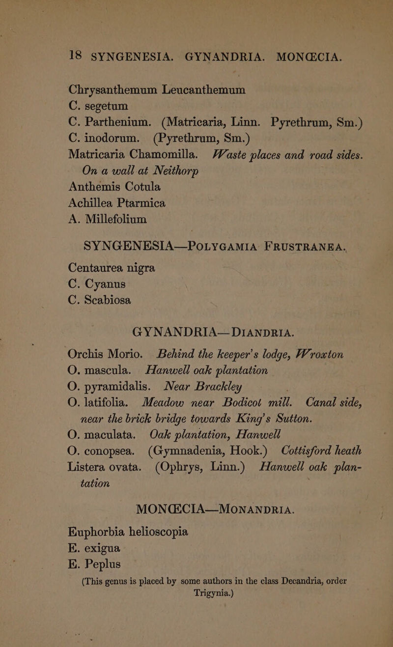 Chrysanthemum Leucanthemum C. segetum C. Parthenium. (Matricaria, Linn. Pyrethrum, Sm.) C. inodorum. (Pyrethrum, Sm.) Matricaria Chamomilla. Waste places and road sides. On a wall at Neithorp Anthemis Cotula Achillea Ptarmica A. Millefolium SYNGENESIA—POLYGAMIA FRUSTRANEA., Centaurea nigra C. Cyanus C. Scabiosa GY NANDRIA— DIANDRIA. Orchis Morio. Behind the keeper’s lodge, Wroxton O. mascula. Hanwell oak plantation O. pyramidalis. Near Brackley O. latifolia. Meadow near Bodicot mill. Canal side, near the brick bridge towards King’s Sutton. O. maculata. Oak plantation, Hanwell O. conopsea. (Gymnadenia, Hook.) Cottisford heath Listera ovata. (Ophrys, Linn.) Hanwell oak plan- tation MONCEtCIA—MONANDRIA. Euphorbia helioscopia E. exigua E. Peplus (This genus is placed by some authors in the class Decandria, order Trigynia.)