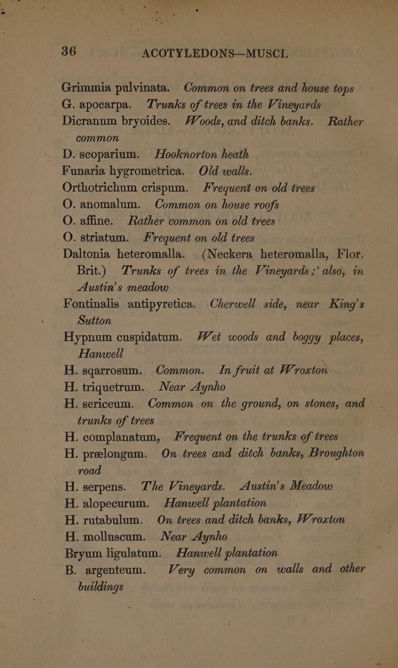 Grimmia pulvinata. Common on trees and house tops G. apocarpa. Trunks of trees in the Vineyards Dicranum bryoides. Woods, and ditch banks. Rather common D. scoparium. Hooknorion heath Funaria hygrometrica. Old walls. Orthotrichum crispum. Frequent on old trees O. anomalum. Common on house roofs O. affine. Rather common on old trees O. striatum. Frequent on old trees Daltonia heteromalla. (Neckera heteromalla, Flor. Brit.) Trunks of trees in the Vineyards ;' also, in Austin’s meadow Fontinalis antipyretica. Cherwell side, near King’s Sutton Hypnum cuspidatum. Wet woods and boggy places, Hanwell H. sqarrosum. Common. In fruit at Wroxton H. triquetrum. Near Aynho H. sericeum. Common on the ground, on stones, and trunks of trees . H. complanatum, Frequent on the trunks of trees H. prelongum. On trees and ditch banks, Broughton road H. serpens. The Vineyards. Austin’s Meadow H. alopecurum. Hanwell plantation H. rutabulum. On trees and ditch banks, Wroxton H. molluscum. Near Aynho Bryum ligulatum. Hanwell plantation B. argenteum. Very common on walls and other buildings