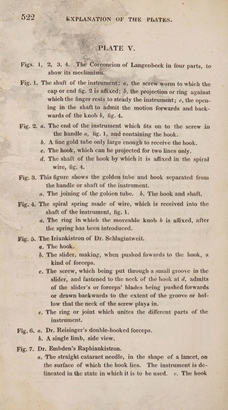 Figs. 1, 2, 3, 4..The Coreoncion of Langenbeck in four parts, io show its mechanism. - Fig. 1. The shaft of the instumenee a the screw worm to which the cap or end fig. 2 is aflixed; b, the projection or ring against which the finger rests to steady the instrument; c, the open- ing in the shaft to admit the motion forwards and back- wards of the knob 8, fig. 4. Fig. 2. a. The end of the instrument which fits on to the screw in the handle «, fig. 1, and containing the hook. b. A fine gold tube only large enough to receive the hook. c. The hook, which can be projected for two lines only. d. The shaft of the hook by which it is affixed in the spiral wire, fig. 4. . Fig. 8..This figure shows the golden tube and hook pains: from the handle or shaft of the instrument. a. The joining of the golden tube. 6. The hook and shaft, Fig. 4. The spiral spring made of wire, which is received into the shaft of the instrament, fig, 1 a. The ring in which the moveable knob 6 is affixed, after the spring has been introduced. Fig. 5. The Iniankistron of Dr. Schlagintweit. a. The hook. b. The slider, making, when pushed fowards to the hook, a kind of forceps. c. The screw, which being put through a smail groove in the slider, and fastened to the neck of the hook at d, admits of the slider’s or forceps’ blades being pushed forwards. or drawn backwards to the extent of the groove or hol- _ low that the neck of the screw plays in. e. The ring or joint which unites the different parts of the instrument. Fig. 6. a. Dr. Reisinger’s double-hooked forceps. b. A single limb, side view. Fig. 7. Dr. Embden’s Raphiankistron. a. ‘The straight cataract needle, in the shape of a lancet, on the surface of which the hook lies. The instrument is de- lineated in the state in which it is to be used. e¢. The hook