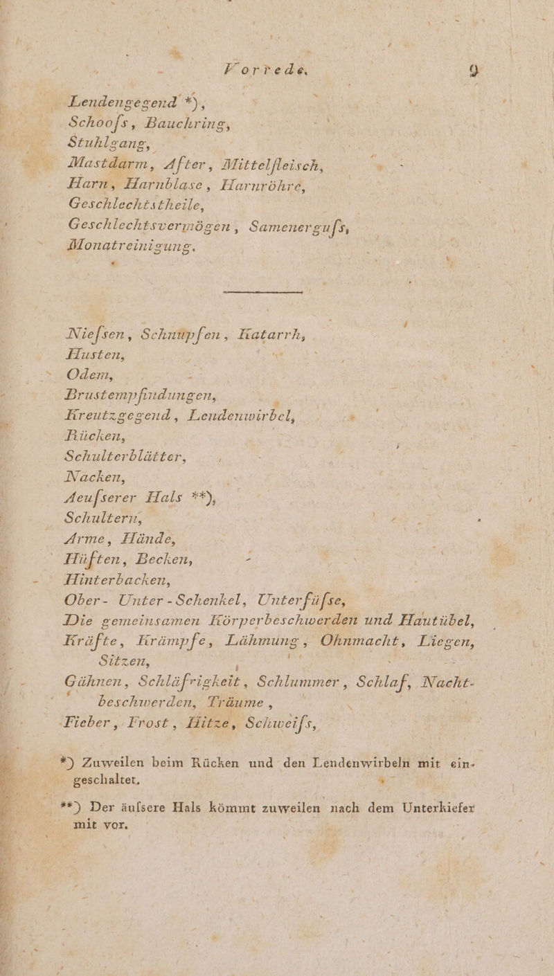 a urn - Lendengegend se N SR Schoofs, Bauchring, NE: Stuhle ang,  Mastdarm, After, Mittelfleis ch, ER Harn, Harnblase, Harnr öhre, | Geschlechtstheile, Geschlechtsvermögen , BEN Monatreinigung. . - 3 Niefsen, Schnupfen, nun Husten, Fu e 5 Odem, ae Brustempfindungen, Hreutzgegend, Lendenwirbel, ee | Rücken, Ä Schulterblätter, ES Nacken, Adeufserer Hals **), Schultern, er Arme, Hände, / Z Hüften, Becken, - En Hinterbacken, Ober- Unter - Schenkel, Unter füfse, Die gemeinsamen Körperbeschwerden und Hautübel, Kräfte, Krämpfe, ee Ohnmacht, en Sitzen, Gähnen, Schläfrigkeit, Schlummer , Schlaf, Nacht- beschwerden, Träume , | x = Fieber ,- Frost, Hitze, Schweifs, ” mit nl %