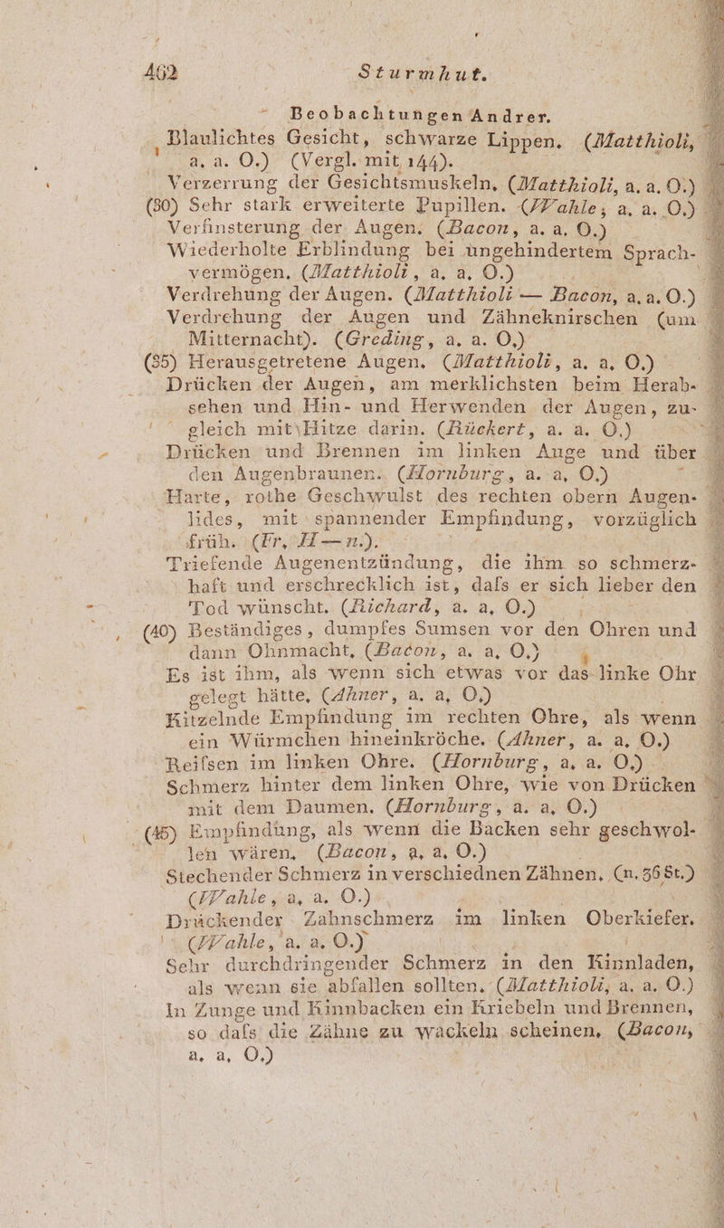 452 ' Sturmhut. r Beobachtungen Andrer. 2 Blaulichtes Gesicht, schwarze Lippen. (Matthioli, ” 93,2.:0%,) (Vergl. mit 144). % Verzerrung der Gesichtsmuskeln, (Matthioli, a.a.O.) I; (30) Schr stark erweiterte Pupillen. (ZYahle, a, a. 0) Verfinsterung .der Augen. (Bacon, a.a, 8° MM Wiederholte Erblindung bei ungehindertem Sprach- E vermögen. (Matthioli, a, a. O.) E Verdrehung der Augen. (Matthioli — Bacon, 2.2.0.) 9 Verdrehung der Augen und Zähneknirschen (um. Me Mitternacht). (Greding, a. a. Ö,) | = (85) Herausgetretene Augen, (Matthioli, a. a0). Drücken der Augen, am merklichsten beim Herab- sehen und Hin- und Herwenden der Augen, zu: ' gleich mityHitze darin. (Rückert, a. a. OÖ.) E Drücken und Brennen ım linken Auge und über den Augenbraunen.. (Nornburg, a. a, O,) : Harte, rothe Geschwulst des rechten obern Augen- lides, mit. spannender Empändung, vorzüglich früh. (Zr, A —.n.). Triefende Augenentzündung, die ıhm so schmerz- hafı und erschrecklich ist, dals er sich lieber den Tod wünscht. (Richard, a. a, O.) 2 . (40) Beständiges, dumpfes Sumsen vor den Ohren und dann Ohnmacht, (Bacon, a. a, O,) Er: Es ist ihm, als wenn sich etwas vor das-linke Ohr gelegt hätte, (Ahner, a. a, OÖ,) ' Kitzelnde Empfindung im rechten OÖhre, als wenn ein Würmchen hineinkröche. (Ahner, a. a. O.) Reilsen im Imken Ohre. (Hornburg ‚a, 0) Schmerz hinter dem linken Ohre, wie von Drücken a mit dem Daumen, (Hornburg, a. a, ©.) | | (45) Einpfindüng, als wenn die Backen sehr geschwol- len wären, (Bacon, a, a, 0.) Stechender Schmerz in verschiednen Zähnen, (n,36 St.) Drückender Zahnschmerz im Korn Oberkieken Ren a.2.0.) | | Sehr durchdringender Schmerz in den Kinnladen, als wean sie abfallen sollten. (Matthioli, a. a. O.) In Zunge und Rinnbacken ein Kriebeln und Brennen, so dals die Zähne zu wackeln scheinen, Be &amp; A, ‘0, 00) ’