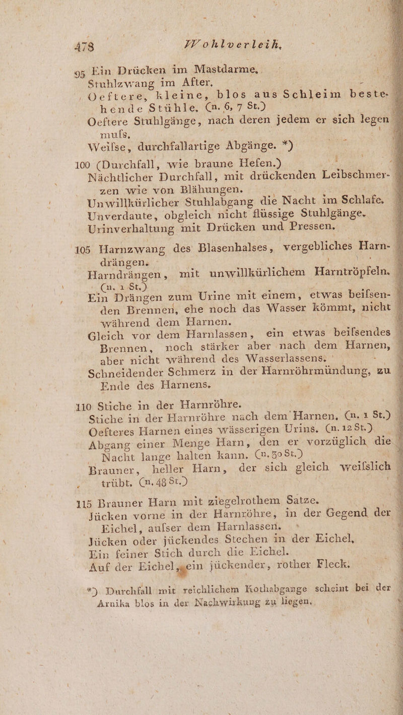 95 Ein Drücken im Mastdarme, Stuhlzwang im After, i ‚Oeftere, kleine, blos aus Schleim beste- hende Stühle. (a. 6, 7 St.) i Oeftere Stuhlgänge, nach deren jedem er sich legen 3 muls, A Weilse, durchfallartige Abgänge. *) 100 (Durchfall, wie braune Hefen.) ’ Nächtlicher Durchfall, mit drückenden er 4 zen wie von Blähungen. | Unwillkürlicher Stuhlabgang die Nacht im Schlake, Unverdaute, obgleich nicht flüssige Stuhlgänge, Urinverhaltung mit Drücken und Pressen, ne or ‚105 Harnzwang des Blasenhalses, vergebliches Harn. ' drängen. | Harndrängen, mit unwillkürlichem Harntröpfeln. ’ (2,1064) en Drängen zum Urine mit einem, etwas beifsen- ‘ den Brenheik ehe noch das Wasser kömmt, nicht 3 während dem Harnen. Ü Gleich vor dem Harnlassen, ein etwas beilsendes Brennen, noch stärker aber nach dem m 1 aber nicht während des Wasserlassens. ' 8 Schneidender Schmerz in der Harnröhrmündung, zu , Ende des Harnens. | he { 110 Stiche in der Harnröhre. | x Stiche in der Harnröhre nach dem Harnen, @.ı 50). 8 Oefteres Harnen eines wässerigen Urins. (n.125t.) | Abgang einer Menge Harn, den er vorzüglich die h Nacht lange halten kann. (n.30 St.) A Brauner, heller Harn, der sich gleich reihen ; „. strtbt, a. 4851.) ’ 115 Brauner Harn mit ziegelrothem Satze. | \ Jücken vorne in der Hirmtchre) in der Gegend der | Eichel, aulser dem Harnlassen. Jücken or jückendes Stechen in der 'Eichel, Ein feiner Stich durch die Eichel. Auf der Eichel gern jückender, rother Fleck: it 8) Durchfall mit reichlichem Kotlabgange scheint bei der, Arnika blos in der Nachwirkung zu liegen.. hr en En a m