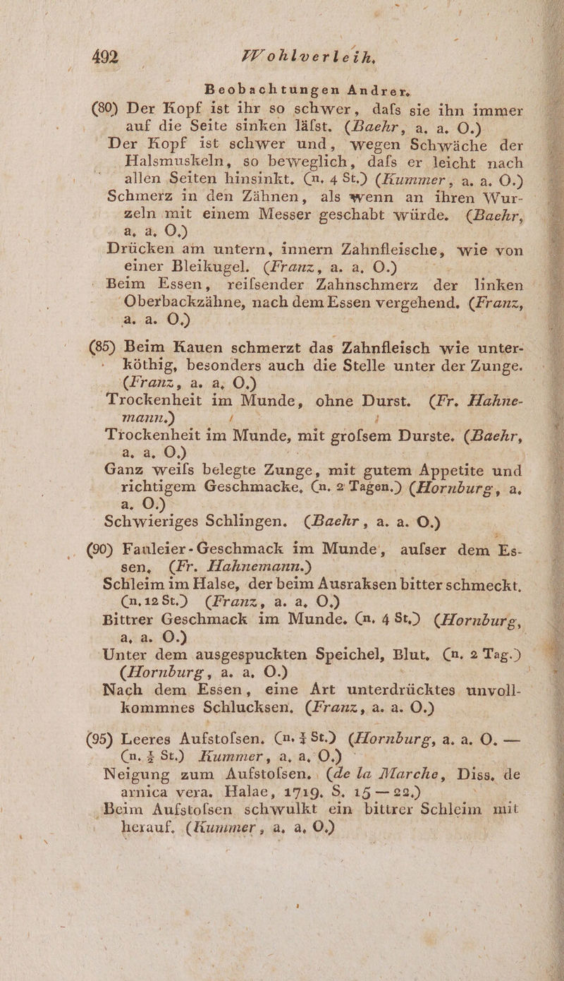 Beobachtungen Andrer (80) Der Kopf ist ihr so schwer, dafs sie ihn immer auf die Seite sinken läfst. (Baehr, a. a. O.) Der Kopf ist schwer und, wegen Schwäche der allen Seiten hinsinkt. (n, 4 St.) (Kummer, a. a. O.) Schmerz in den Zähnen, als wenn an ihren Wur- zeln mit einem Messer geschabt würde. (Bachr, 0). Drücken am untern, innern Zahnfleische, wie von einer Bleikugel. (Franz, a. a. OÖ.) Beim Essen, reilsender Zahnschmerz der linken 'Oberbackzähne, nach dem Essen vergehend. (Franz, a.2a. O,) (85) Beim Kauen schmerzt das Zahnfleisch wie unter- (Franz, a. a, O,) Trockenheit im Munde, ohne Durst. (Fr. Hahne- mann,) ke } Trockenheit im Munde, mit grolsem Durste. (Baehr, a.2a. 0.) richtigem Geschmacke, (n. 2 Tagen. ) (Hornburg,: a a. ©.) Schwieriges Schlingen. (Baehr, a. a. ©.) . (90) Fauleier- Geschmack im Mindd, aulser dem Ea: ... sen, (Fr. Hahnemann.) | Schleim ım Halse, der beim Ausraksen bitter schmeckt. (n,128:.) (Praenz, a. 2,0) a,a. ©.) kommnes Schlucksen. (Franz, a. a. O.) (95) Leeres Kl Ca. 3 St.) (Hornburg, a.a. 0. — (n.2 St) Hummer, aa, 0) Neigung zum Aufselken., (de la Marche, Diss, de arnica vera, Halae, 1719, S, 15 — 22.) &amp; Beim Aufstolsen schwulkt ein bitirer Schleim mit herauf, (Kummer, a, a. 0.) ER