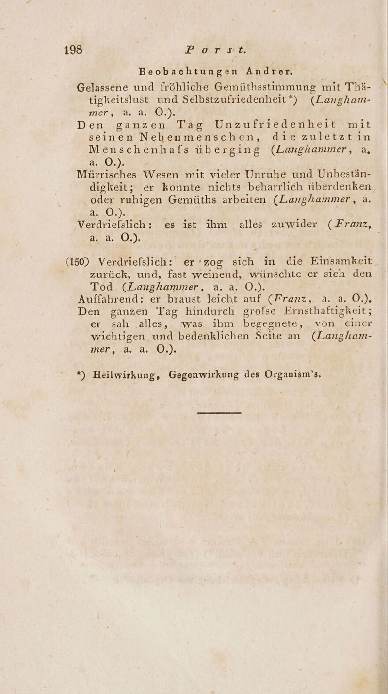 Beobachtungen Andrer. Gelassene und fröhliche Gemüthsstimmung mit Thä- tigkeitslust und Selbstzufriedenheit*) (Langham- mer a, au.) Den ‚ganzen, Tag Unzufriedenheit’ mit seinen Nebenmenschen, die zuletztin Menschenhafs überging (Langhammer, a, A. k)), Mürrisches Wesen mit vieler Unruhe und Unbestän- digkeit; er konnte nichts beharrlich überdenken, . oder ruhigen Gemüths arbeiten (Langhammer, a. 2.0): | Verdrielslich: es ist ihm alles zuwider (Franz, 22.4. 0% (150) Verdrielslich: er ‘zog sich in die Einsamkeit zurück, und, fast weinend, wünschte er sich den Tod (Langhammer, a. a. O.). Auffahrend: er braust leicht auf (Franz, a. a. OÖ.) Den ganzen Tag hindurch grofse Ernsthaftigkeit; er sah .alles, was ihm begegnete, von einer wichtigen und bedenklichen Seite an (Langhkam- mer ,edı A.20,).