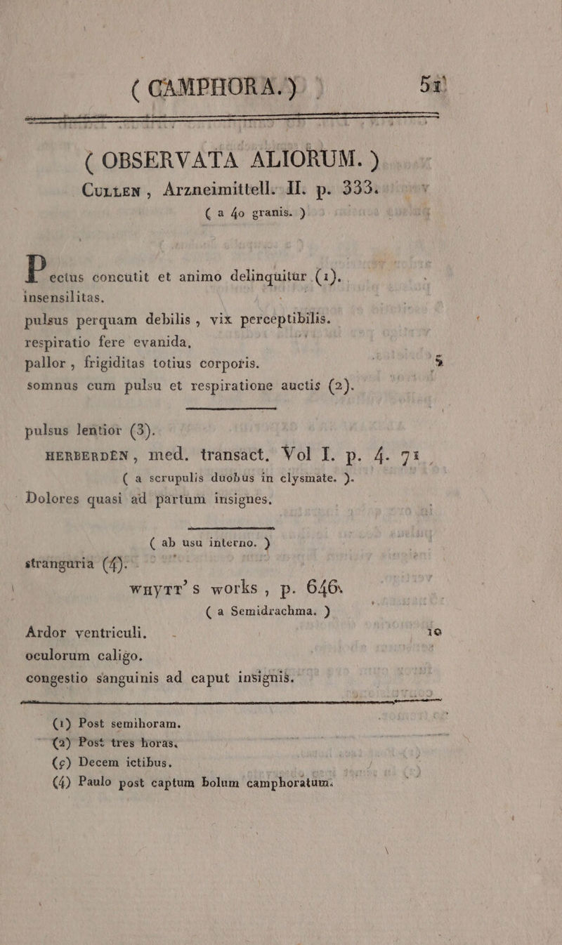 m. concütit et animo delinquitür (1). insensilitas, pulsus perquam debilis , vix pereeptibilis respiratio fere evanida, pallor, frigiditas totius corporis. | i» ^ $0mnus cum pulsu et respiratione auctis (2). pulsus lentior (3). HERBERDEN, ined. transact. Vol Ll. p. 4. 71. ( a scrupulis duobus in clysmate. ).  Dolores quasi ad partum insignes. ( ab usu interno. ) stranguria (f). | wnyrT S works, p. 646 ( a Semidrachma. ) Ardor ventriculi. . | 19 oculorum caligo. | congestio sanguinis ad caput insignis. — (1) Post semihoram. (2) Post tres horas. (c) Decem ictibus. (4) Paulo post captum bolum camphoratum.