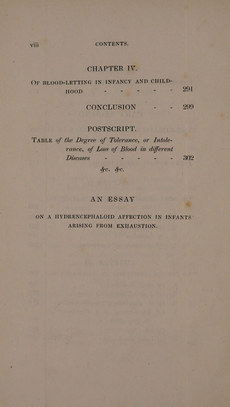 CHAPTER IV. OF BLOOD-LETTING IN INFANCY AND CHILD- HOOD - ~ = a = OT CONCLUSION’ ~- = 299 POSTSCRIPT. TABLE of the Degree of Tolerance, or Intole- rance, of Loss of Blood in different Diseases - - - - a ee Sc. §C. AN ESSAY P ON A HYDRENCEPHALOID AFFECTION IN INFANTS’ ARISING FROM EXHAUSTION.