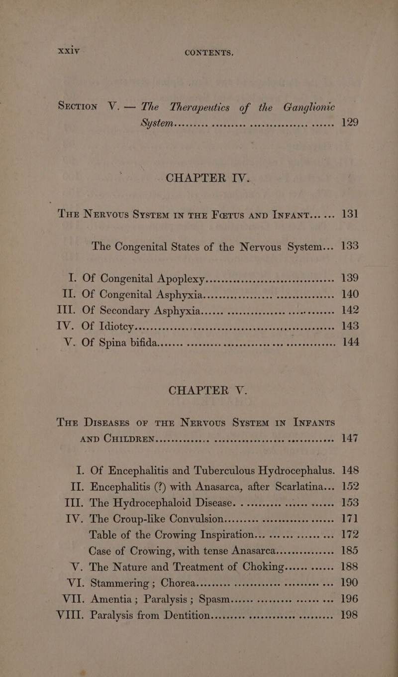 CONTENTS. CHAPTER IV... The Congenital States of the Nervous System... 133 a, HOT Congenital A poplaxvaactemenersceser et cee nes 139 Bar rt ConpemtalsABpnyaiancsc: tay cncr settee arnan set, &gt; 140 DT WOT Seccudary Asphy aia. sissies tess teecs att peer eee 142 ABA Oe atte ran SOROS Mero An pero mcr ago sends 143 V., OF Spina Wvida viva Hiycesme eer eee ice een 144 CHAPTER V. AND CHILDREMAyy «se esennv aoe apetneun tava) s Betmastcan cx sets 147 I. Of Encephalitis and Tuberculous Hydrocephalus. 148 II. Encephalitis (?) with Anasarca, after Scarlatina... 152 III. The Hydrocephaloid Disease. .......... .. Hpk Ferd 153 IV. The Croup-like Convulsion......... c..csseceses eoeces 171 Table of the Crowing Inspiration... ...... ...666 oe. 172 Case of Crowing, with tense Anasarca............++ 185 V. The Nature and Treatment of Choking...... ...... 188 VI. Stammerinig; Choréa. st. 7ise cote ceseeces sccersoee one 190 VII. Amentia; Paralysis ; Spasm...... ...cscee seseee vee 196 WIL. Paralysis from (Dentition, stir wesess sah eee onsets: 198